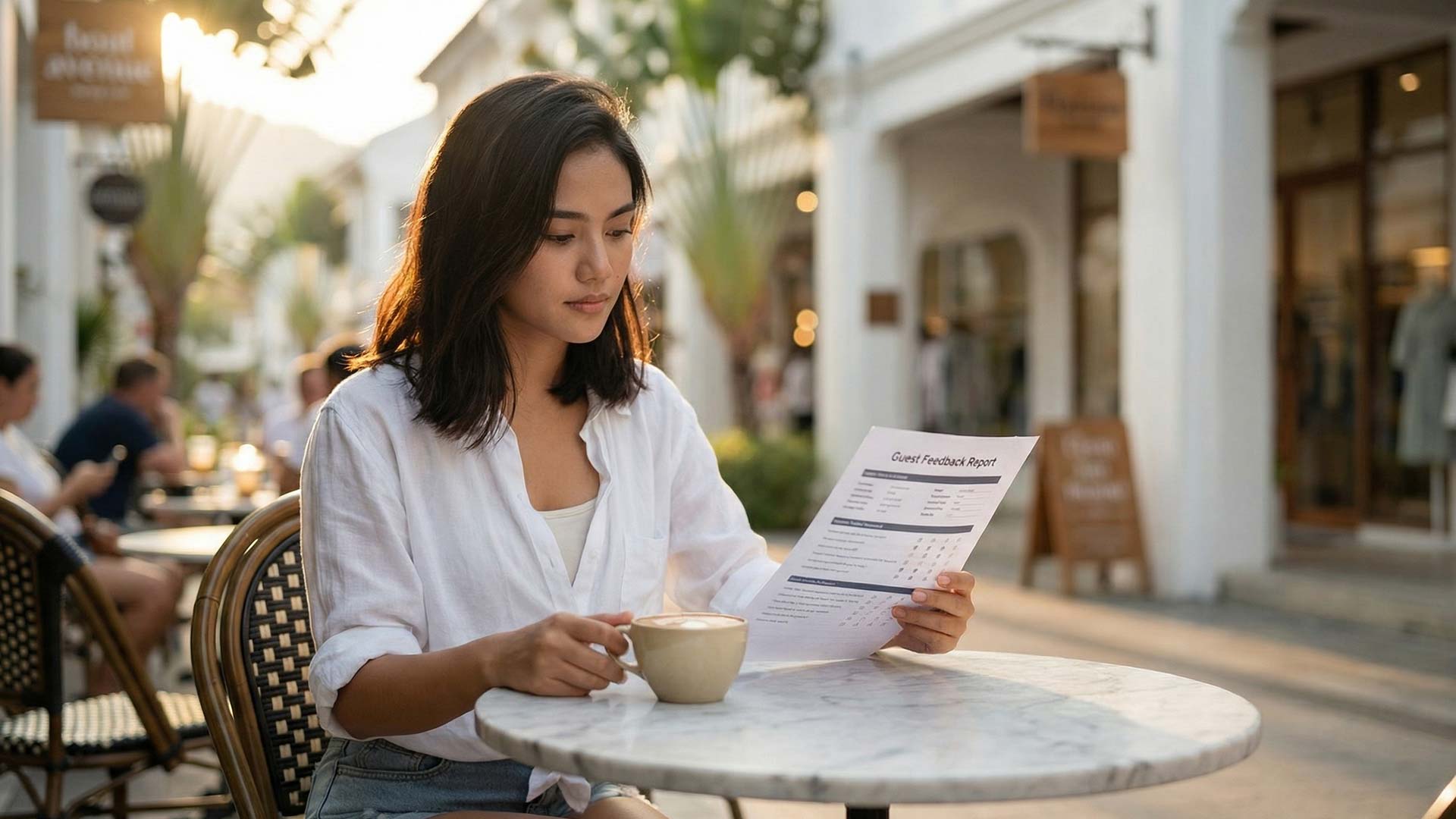 Siyu reading a guest feedback report at a marble bistro table outside a luxury Boat Avenue boutique at golden hour with palm-lined walkways and international diners in the background