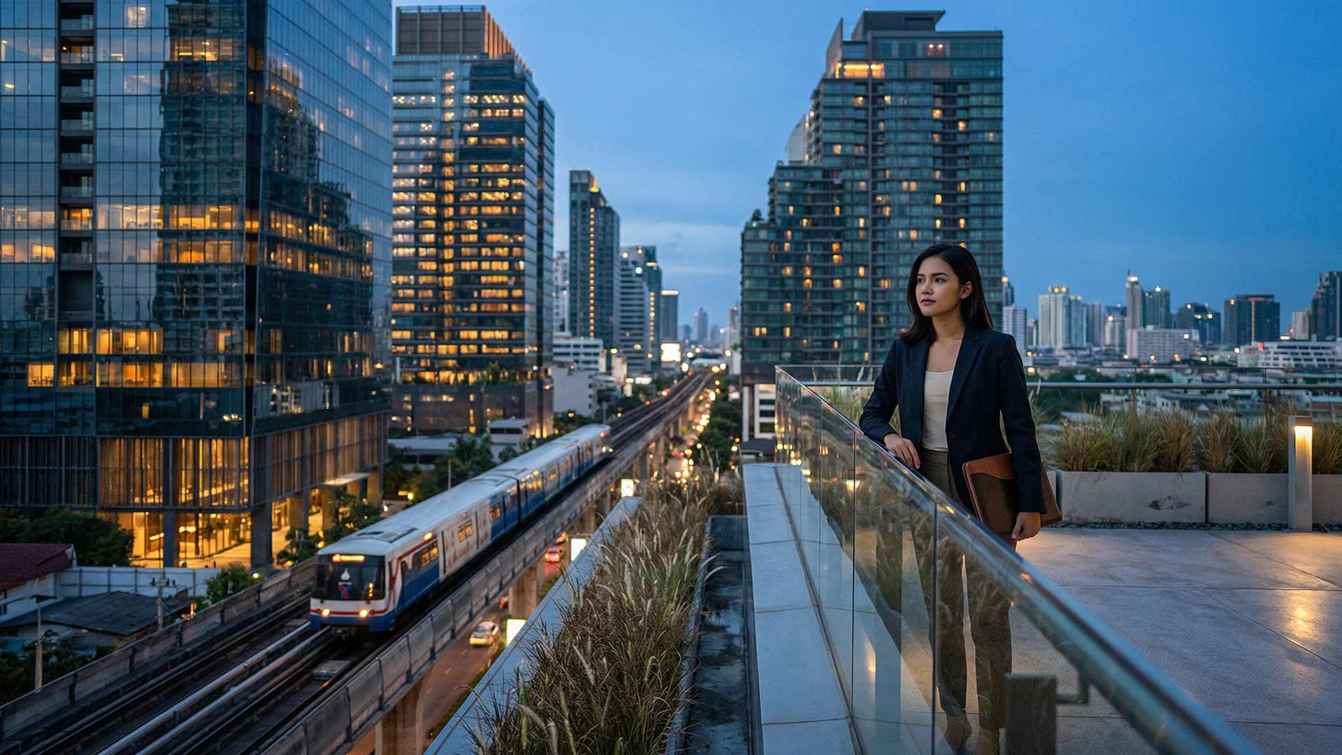 Siyu standing on a glass-railed rooftop terrace at dusk holding a leather portfolio with BTS Skytrain passing below and Bangkok high-rises illuminated behind her