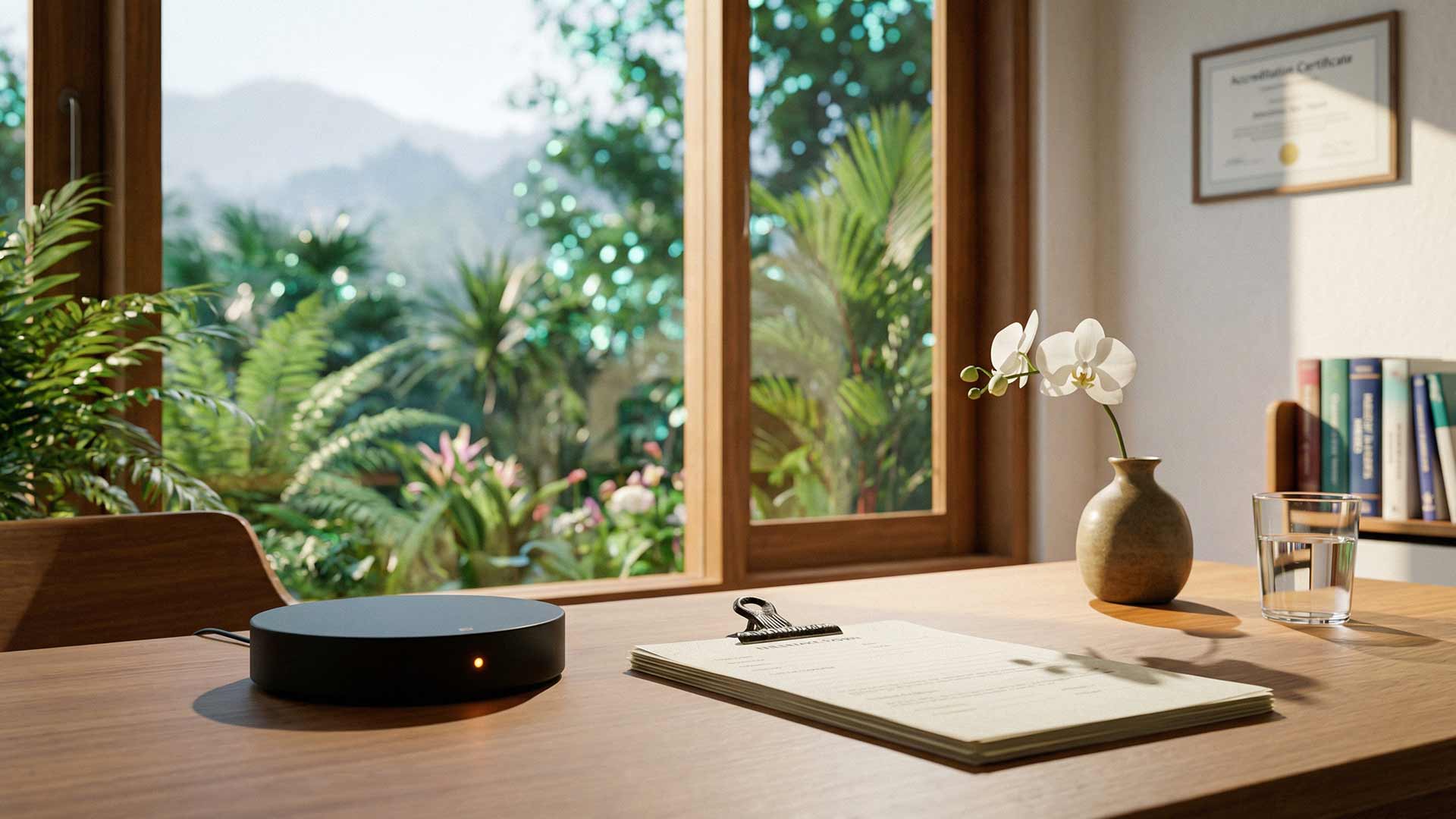 Matte-black AI hub device on a healthcare office desk with orchid, accreditation certificate, and tropical garden view through timber-framed windows in Chiang Mai