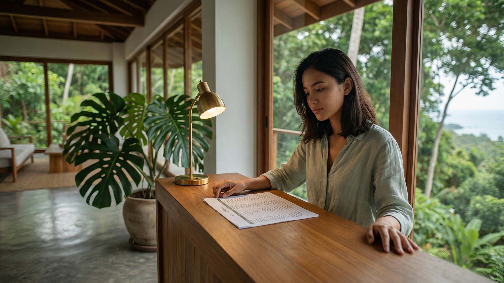 Siyu reviewing an AI implementation report at a boutique hotel reception desk overlooking Kamala's tropical hillside