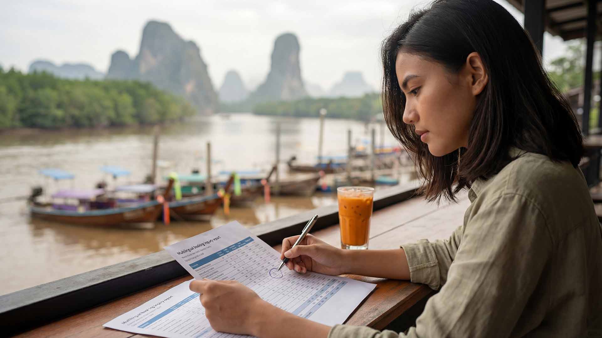 Siyu reviewing a multilingual booking report with an iced Thai tea at a Krabi riverside cafe overlooking longtail boats and limestone karsts