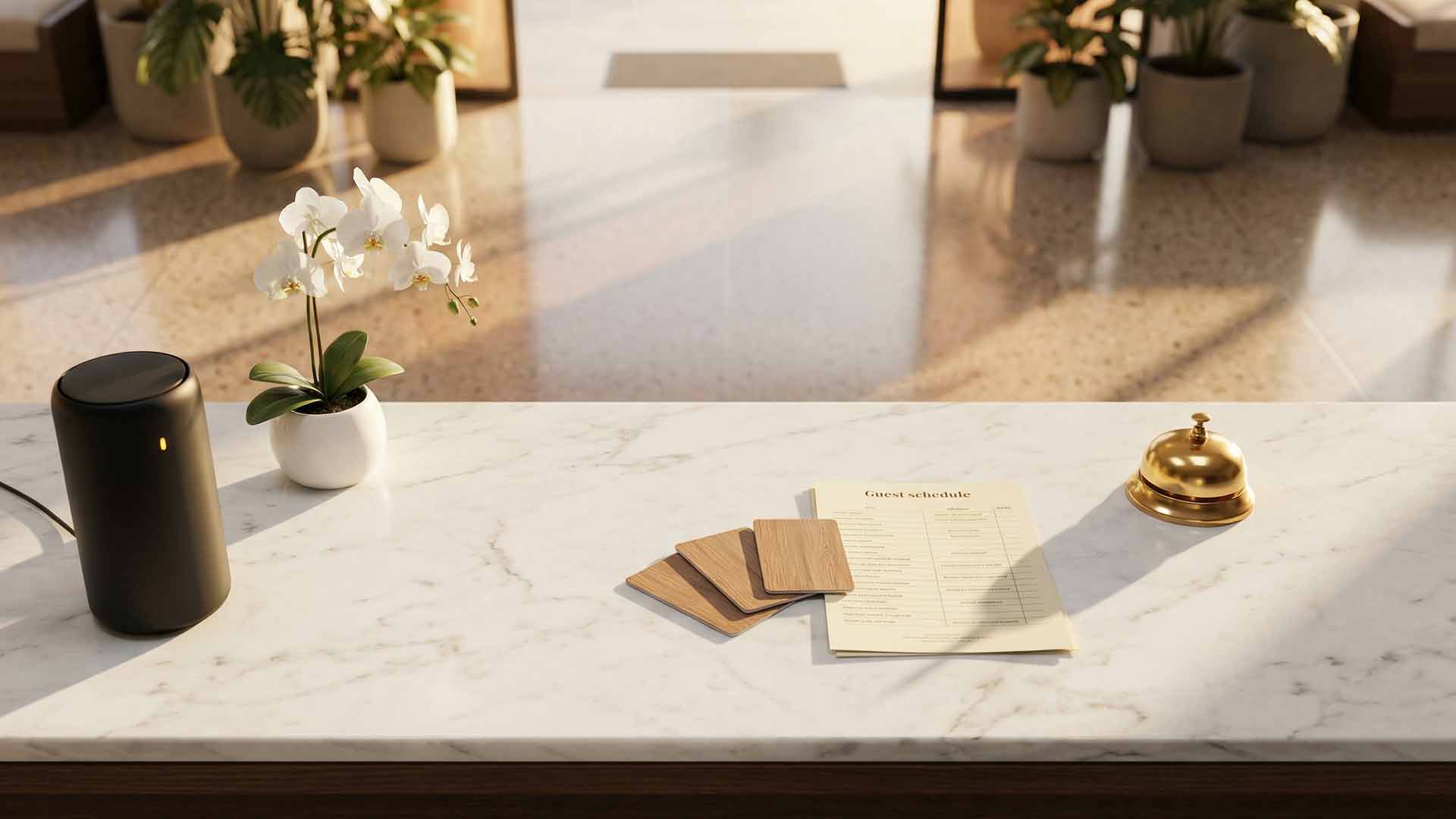 Matte-black ambient AI hub beside a white orchid, wooden key cards, guest schedule, and brass service bell on a sunlit white marble hotel reception counter in Patong