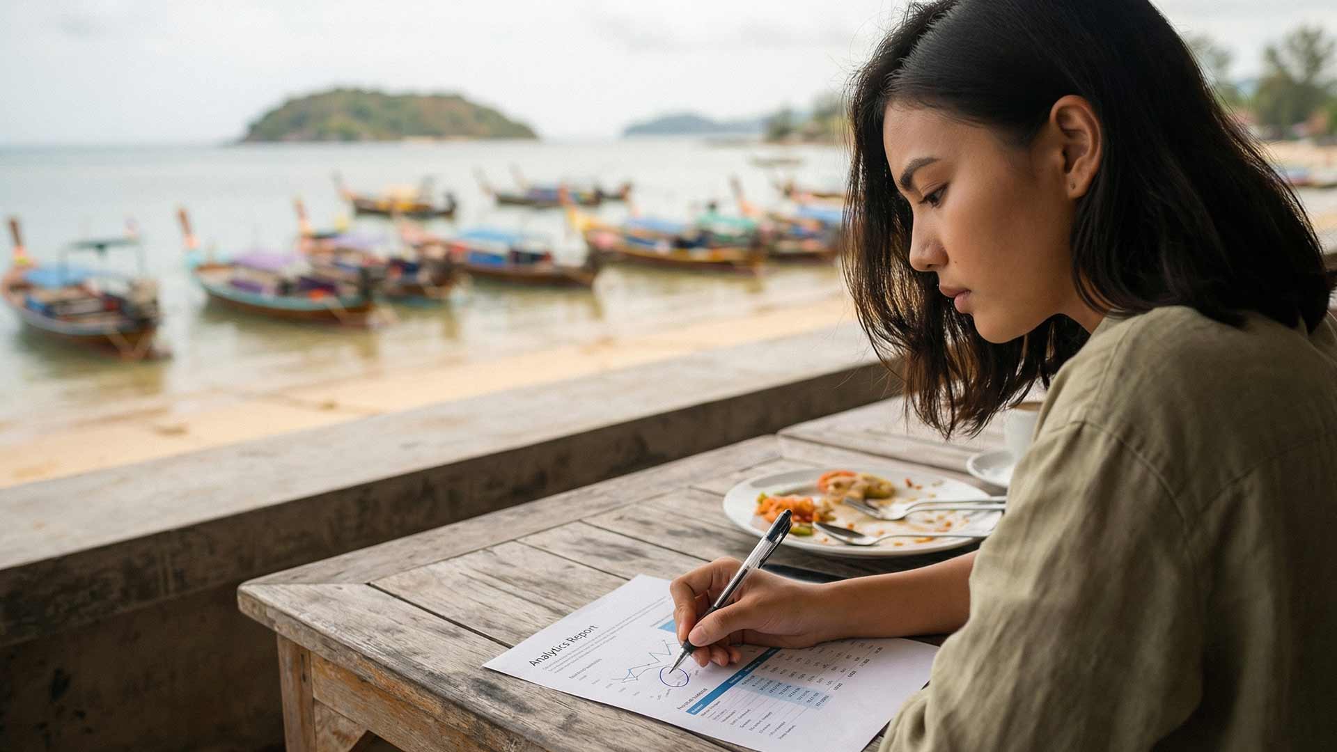 Siyu annotating an analytics report at a weathered wooden table at Rawai seafood market with longtail boats and Bon Island visible across the bay