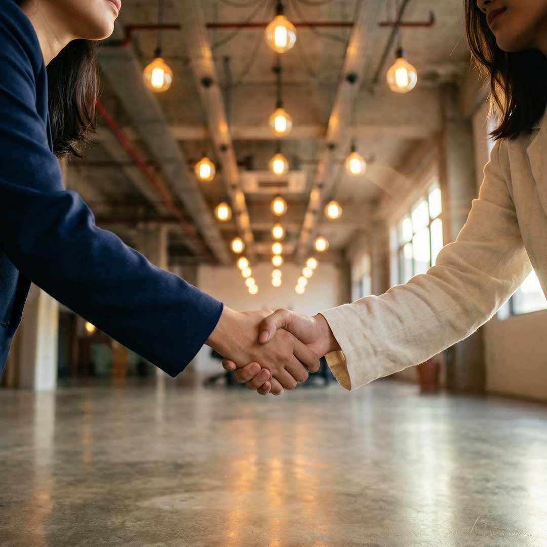 AI implementation partnership handshake in modern Thai coworking space