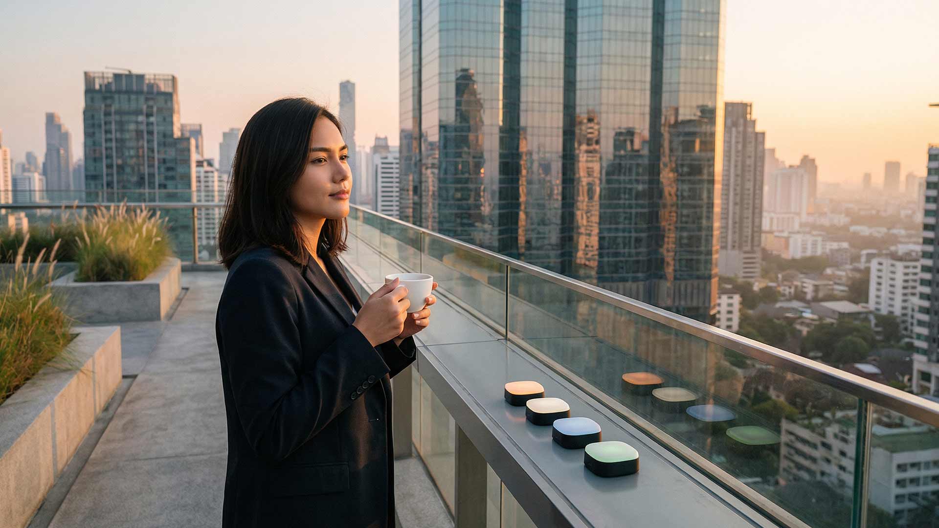 Siyu holding a coffee cup on a rooftop terrace at golden hour with matte AI orchestration pucks lined along the glass railing and Sukhumvit towers in the background