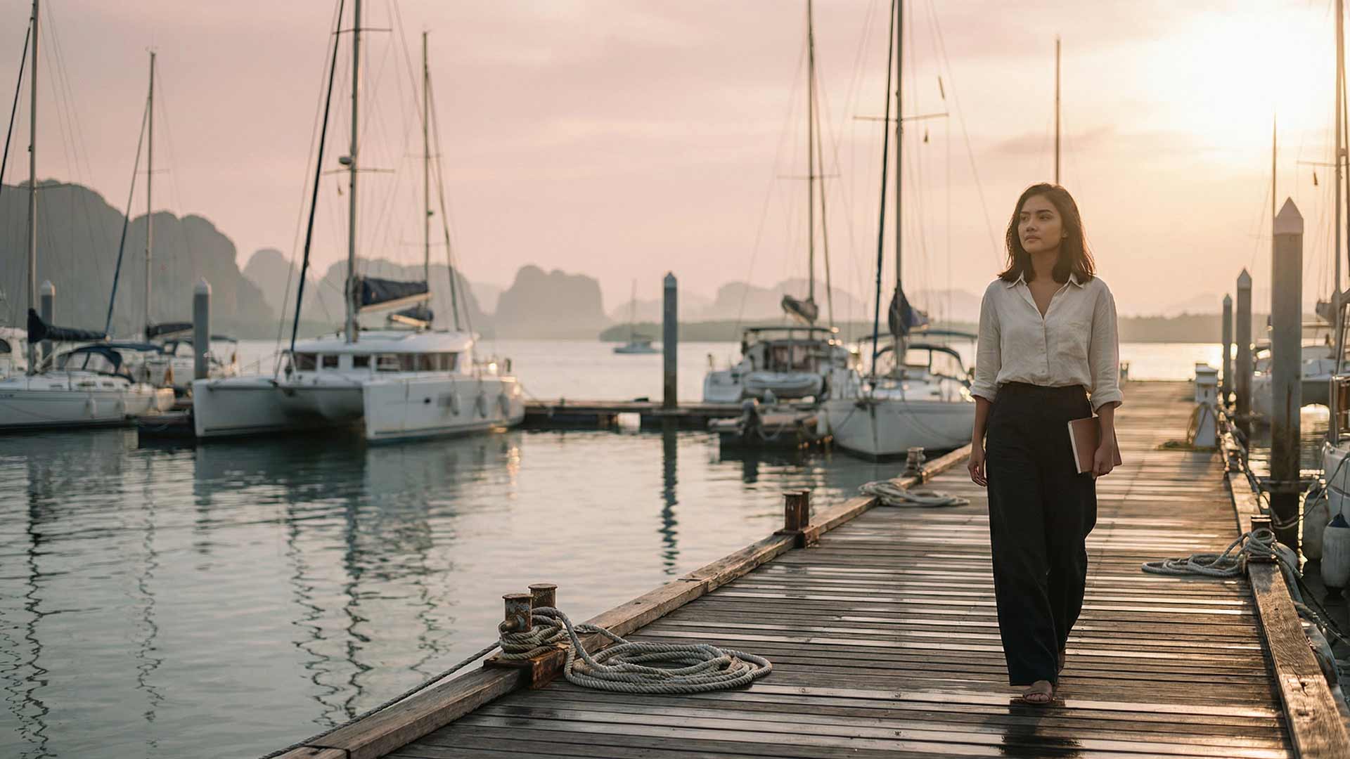 Siyu walking along a wooden pontoon at the marina at golden hour carrying a leather portfolio with catamarans and sailboats moored on both sides and misty Phang Nga karsts in the distance