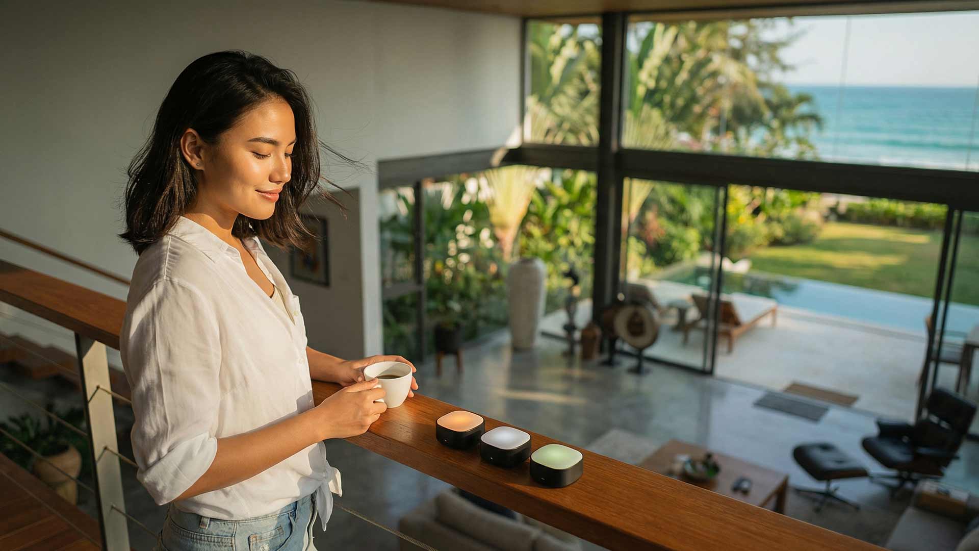 Siyu on a mezzanine overlooking a luxury pool villa with three AI orchestration hub devices glowing amber, white, and green on the railing