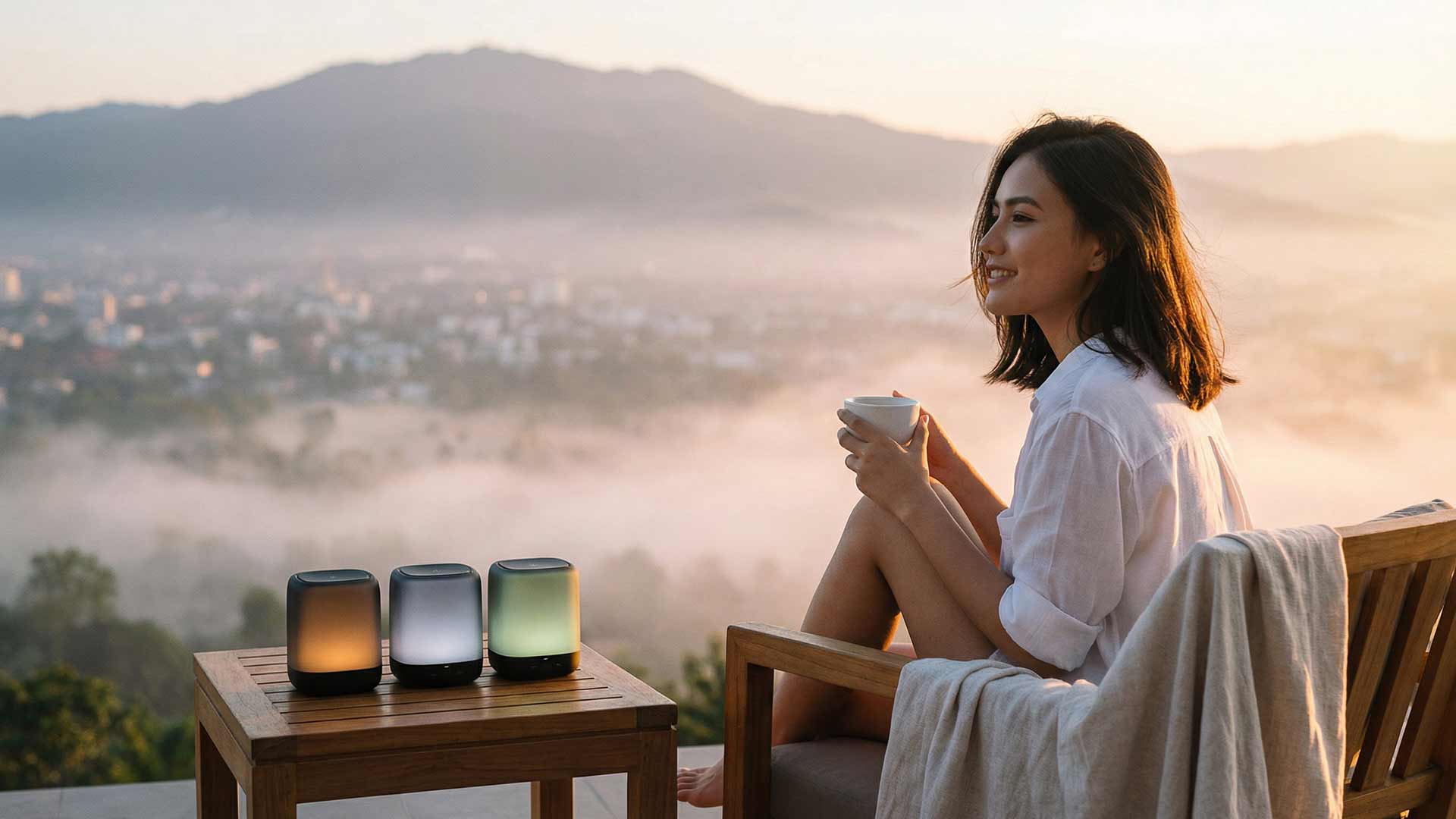 Siyu on a hillside terrace at sunrise overlooking misty valley with three AI orchestration hub devices glowing amber, white, and green