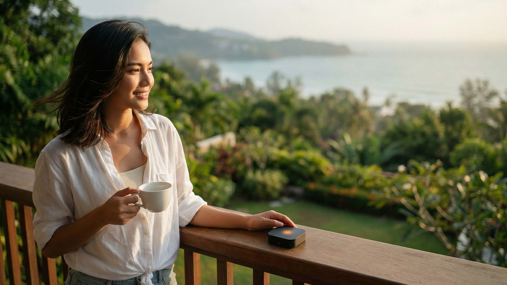 Siyu on a hillside villa terrace overlooking Kamala Bay at golden hour, holding a coffee cup with an AI orchestration hub device on the railing