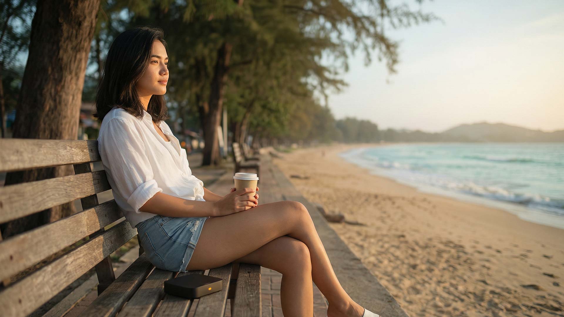 Siyu sitting on a weathered wooden bench under casuarina trees along the beach with a coffee cup and an amber-lit mini-server beside her, gazing at the surf at golden hour