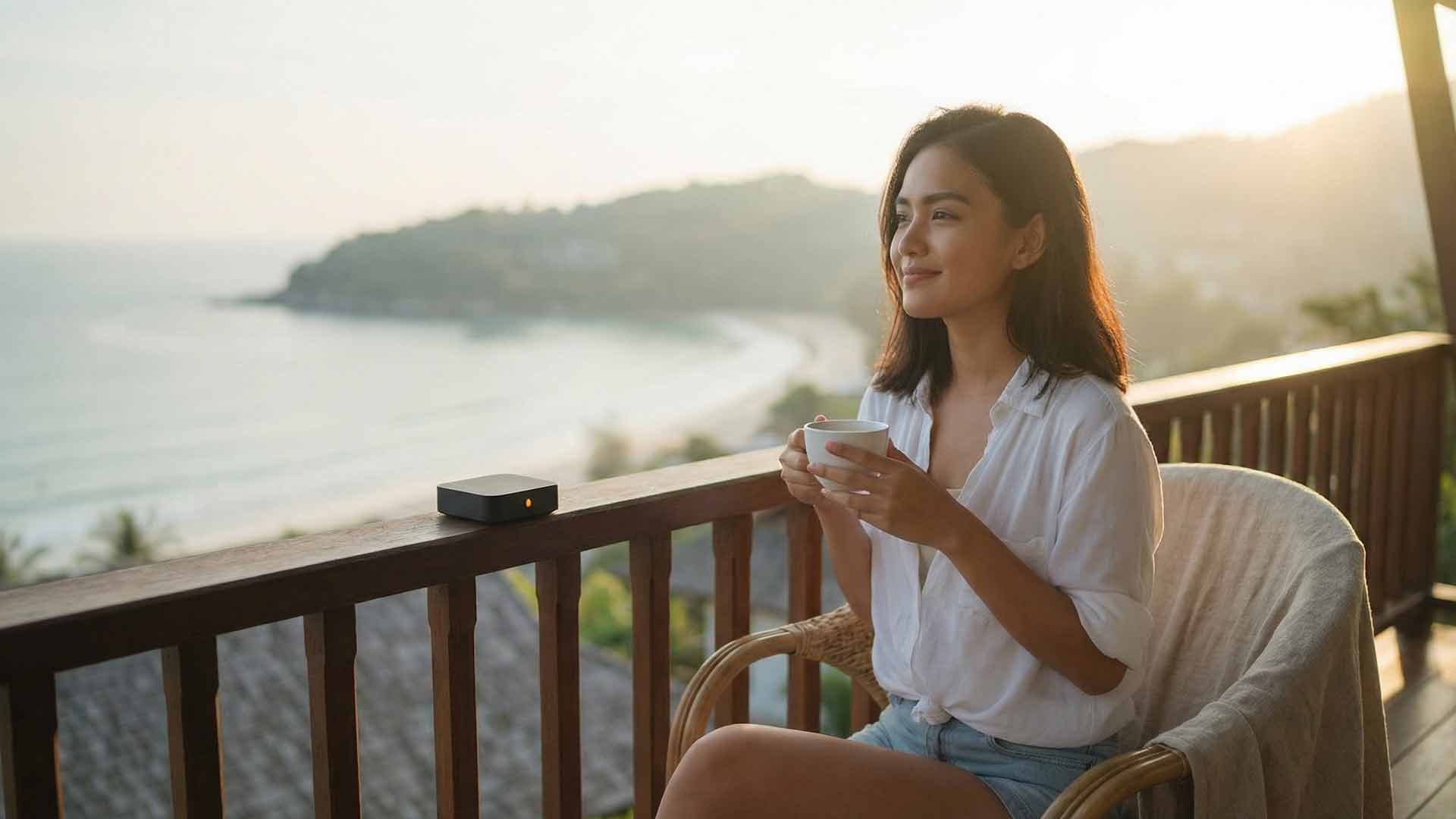 Siyu holding a coffee cup on a hillside balcony with a matte-black AI orchestration puck on the railing and a panoramic view of the coastline at golden hour