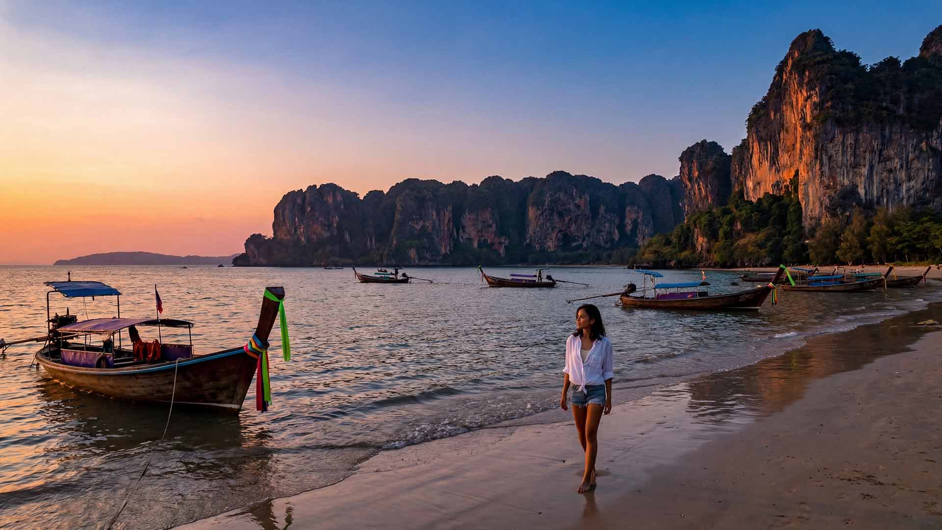 Siyu walking barefoot along Railay Beach at sunset with moored longtail boats and dramatic limestone cliffs glowing amber behind her
