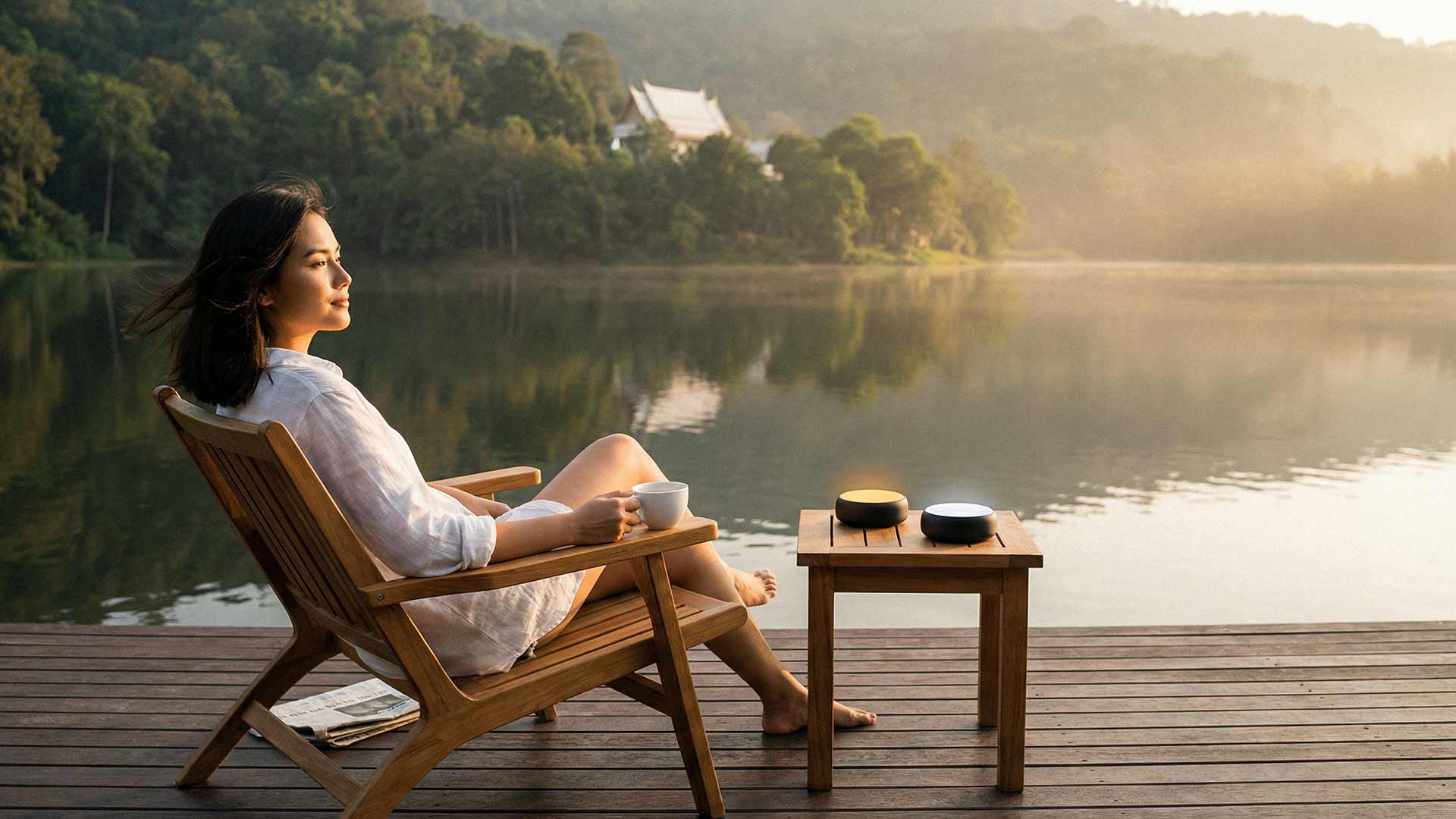 Siyu relaxing in a teak Adirondack chair on a lakeside deck at sunrise holding a coffee cup with two matte AI orchestration pucks on a side table and misty Nai Harn Lake reflecting a distant temple