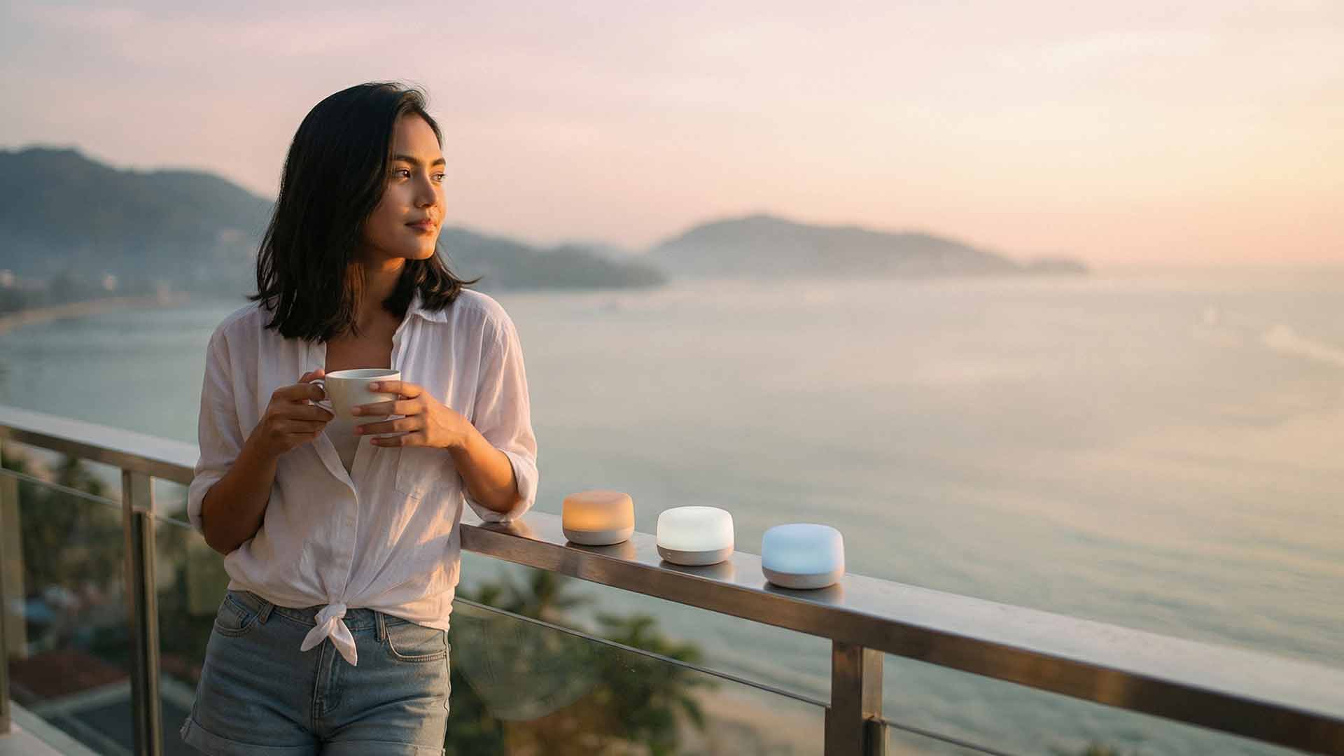 Siyu holding a coffee cup on a rooftop balcony overlooking Patong Bay at dawn with three ambient-intelligence pucks glowing softly on the railing beside her