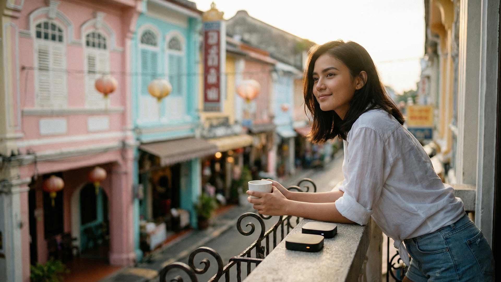 Siyu leaning on an iron balcony railing overlooking pastel Sino-Portuguese shophouses on Soi Romanee in Phuket Old Town at sunset with coffee cup