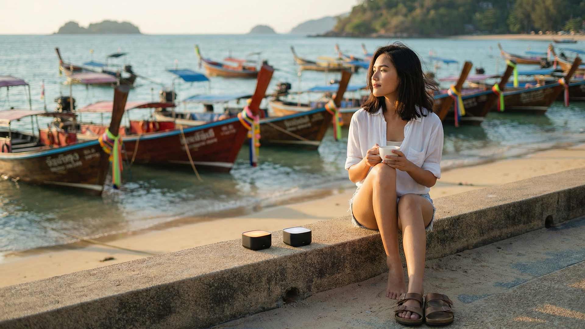 Siyu sitting on the Rawai promenade seawall holding a coffee cup with two matte AI orchestration pucks beside her and colorful longtail boats with ribbon-wrapped prows moored in the shallows behind