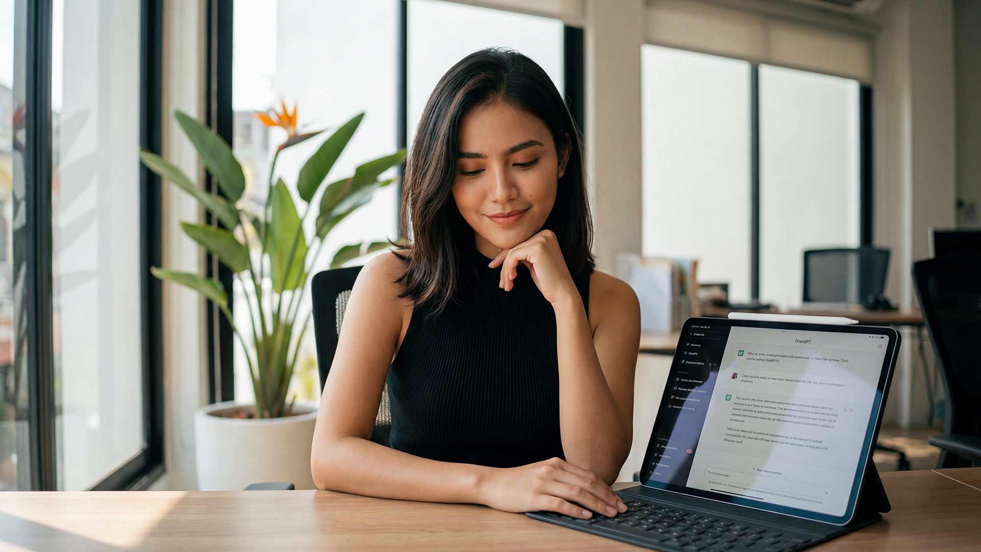 SEO strategist reviewing ChatGPT results on tablet in Phuket office