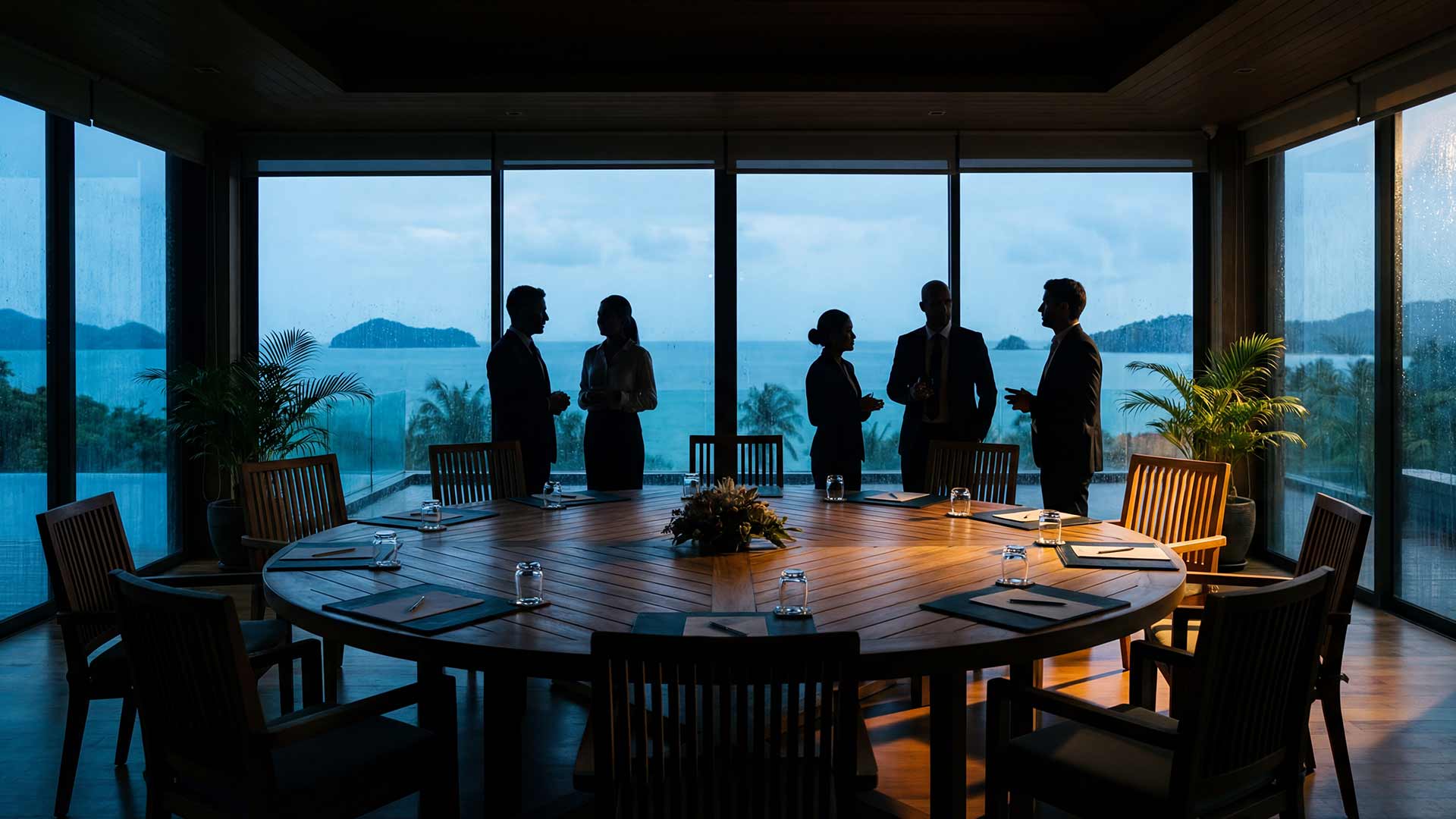 Business strategy discussion in luxury Phuket resort boardroom overlooking Andaman Sea - brand visibility planning session