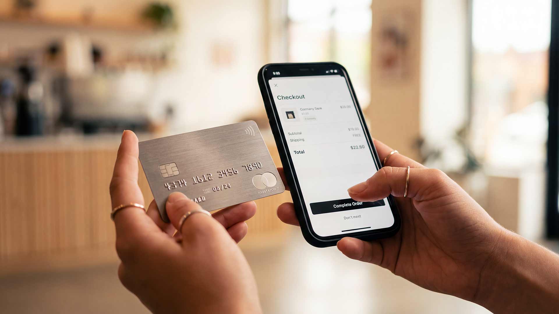 Mobile checkout with credit card completing online purchase