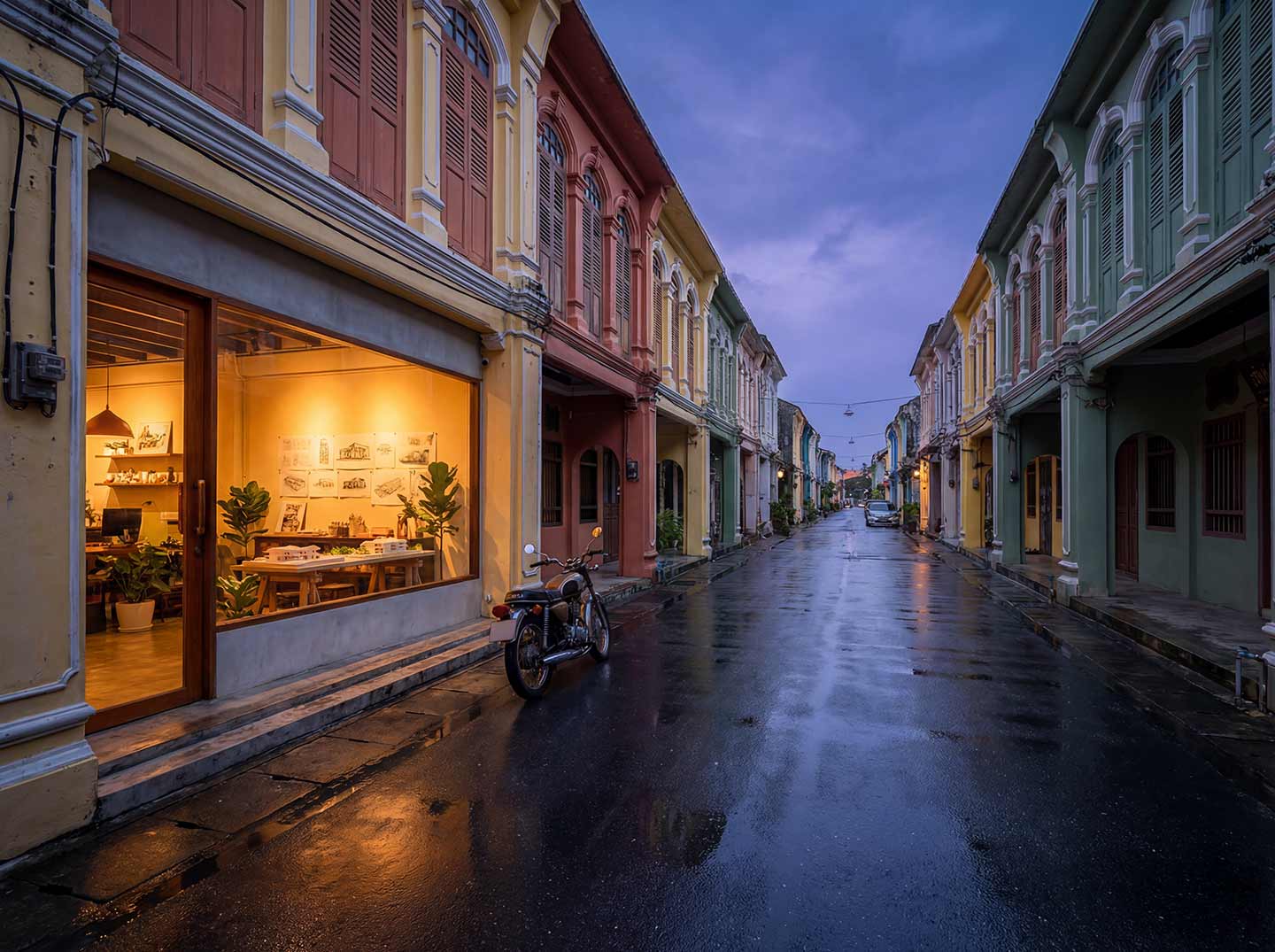 Boutique brand design studio in Phuket Old Town at twilight
