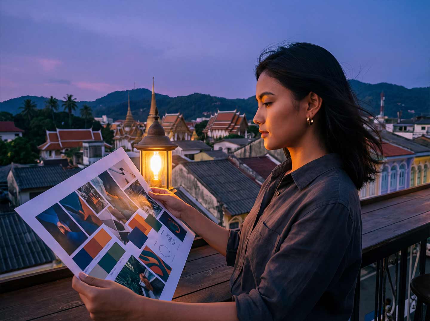 Brand identity development reviewing visual mood board in Phuket Old Town