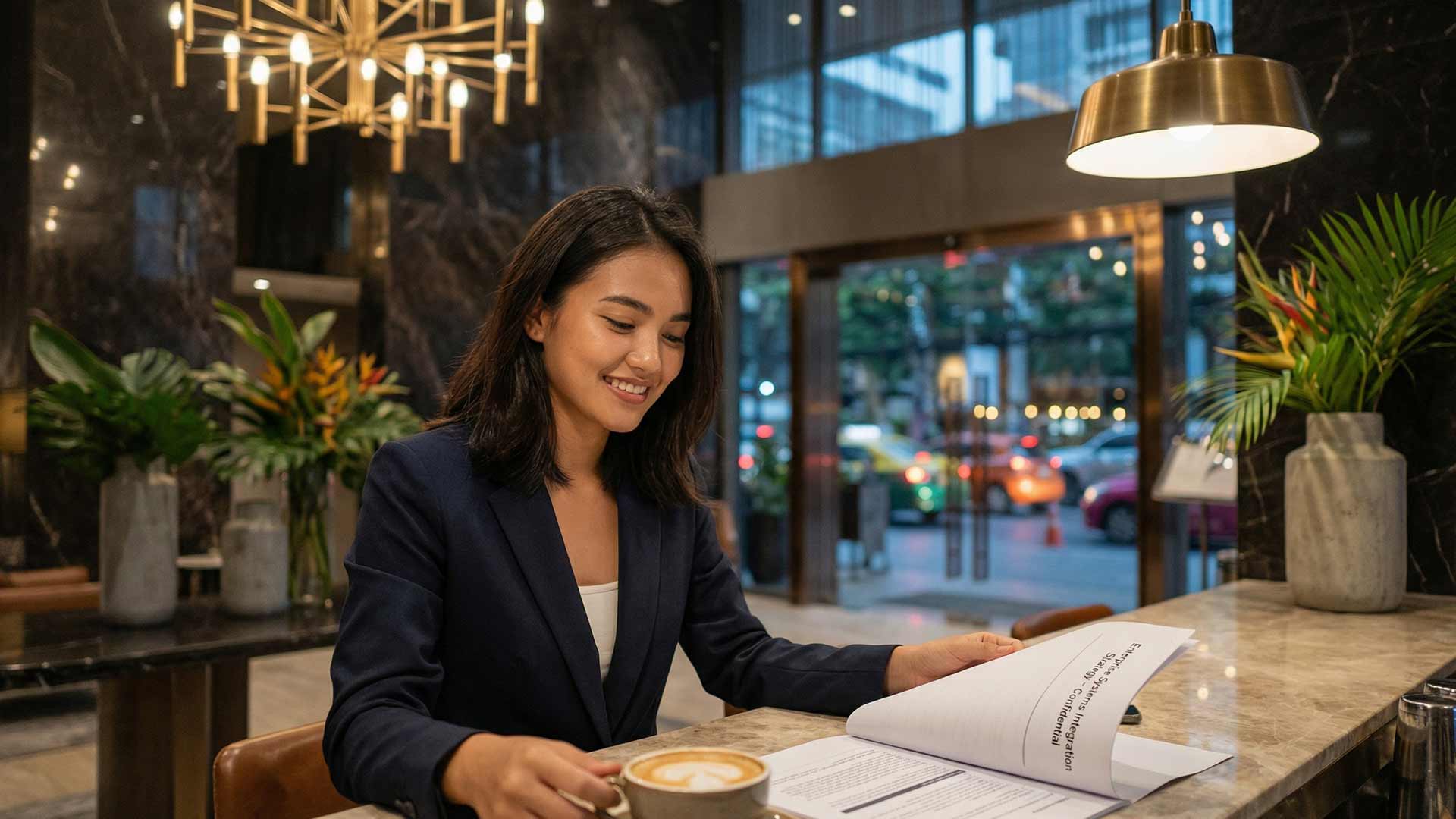 Siyu reviewing an enterprise systems integration strategy document at a marble counter in a dark-marble hotel lobby with brass chandeliers and tropical plants