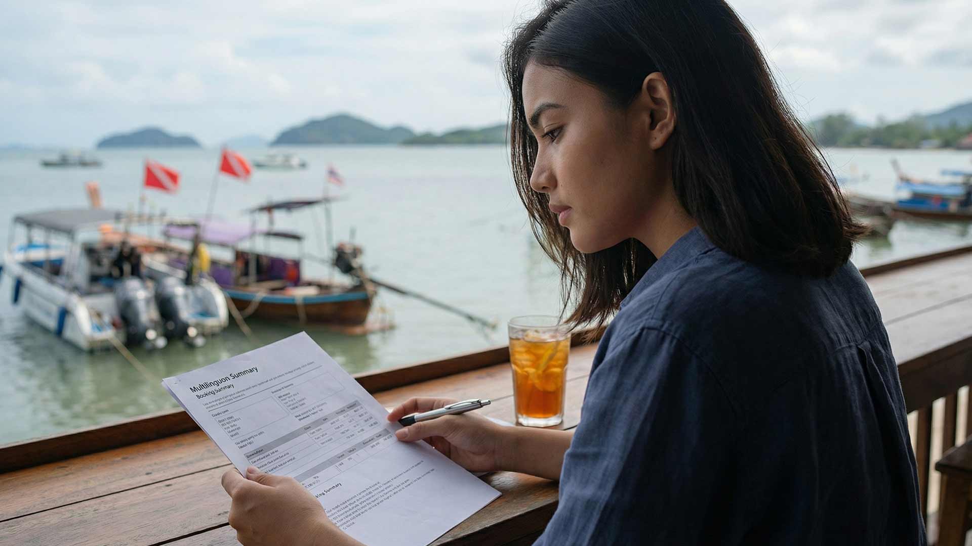 Siyu reviewing a multilingual booking summary report with an iced tea at a pierside cafe with dive boats flying red-and-white flags in the background