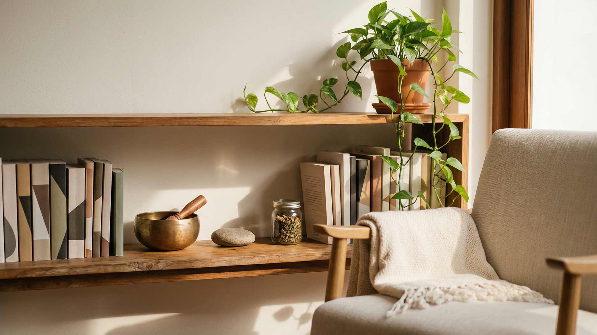 Warm teak bookshelf with singing bowl, dried herbs jar, stacked wellness books, and trailing pothos in a wellness retreat reading corner