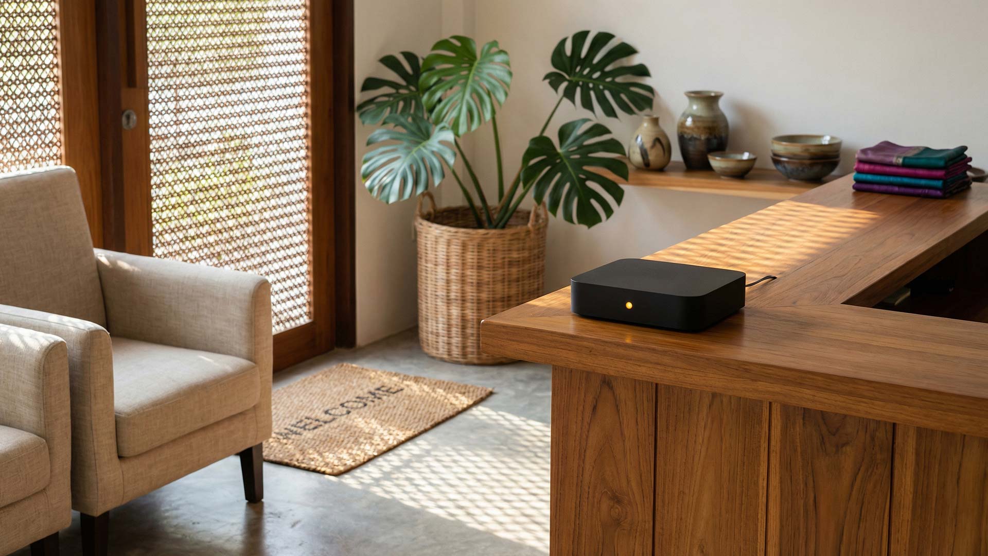 Matte-black AI notification hub on a warm teak reception desk at a Kamala wellness retreat with monstera plant and woven welcome mat