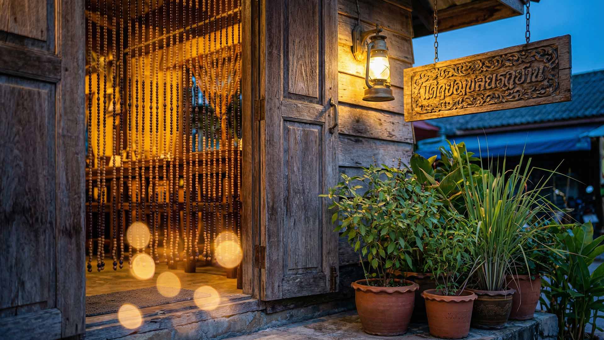 Warm amber glow through wooden bead curtain at a traditional cafe entrance with carved Thai signboard, hurricane lantern, and potted herbs at dusk