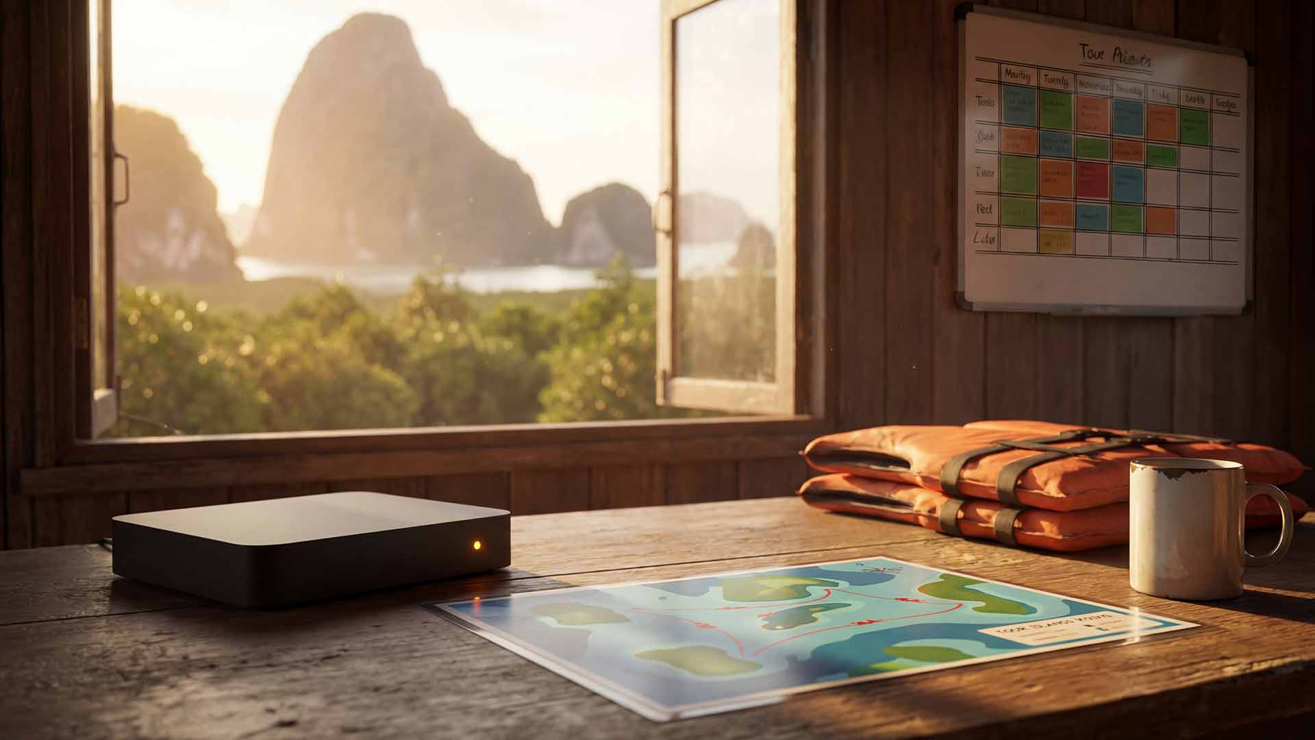 Tour booking command centre with a mini-server glowing amber beside an island route map and weekly schedule whiteboard in a wooden office with karst views