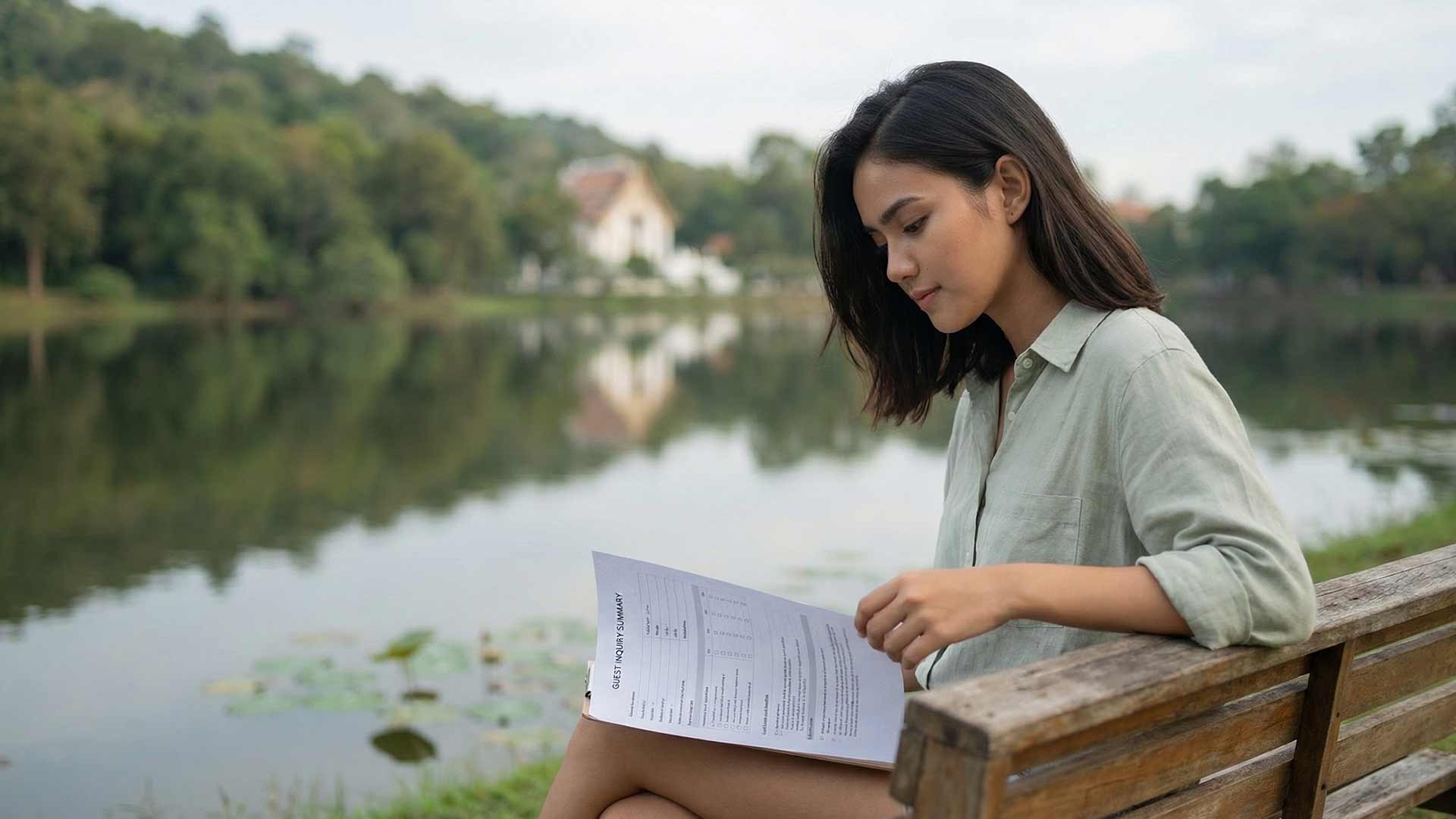 Siyu sitting on a weathered wooden bench beside Nai Harn Lake reading a guest inquiry summary with lotus pads and a white temple reflected in the still water behind her