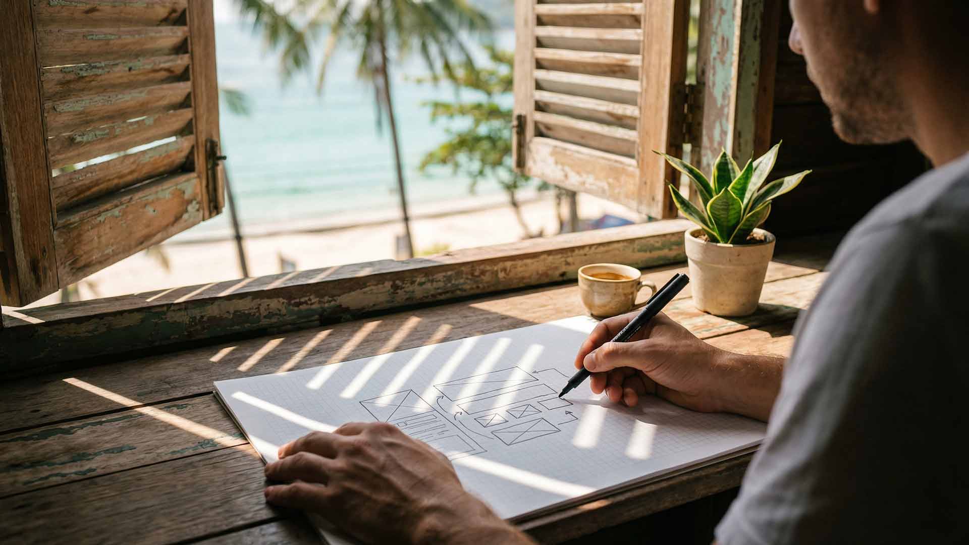 Designer sketching website wireframes at a weathered wooden desk beside an open shutter window overlooking Patong Beach with espresso and a snake plant