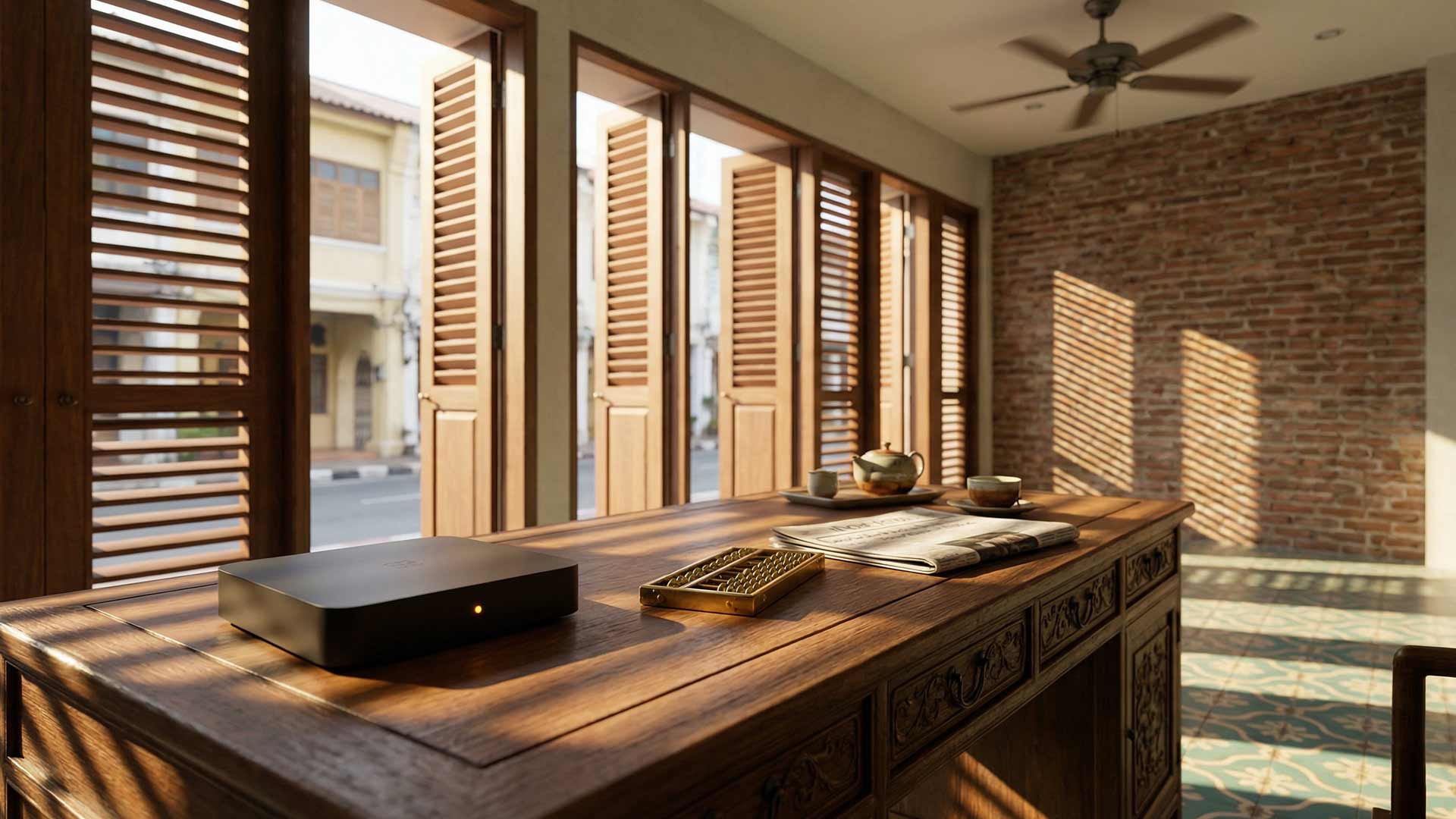 Matte-black AI hub and brass keyboard on a carved teak desk in a heritage Phuket Town shophouse with louvered shutters and morning light