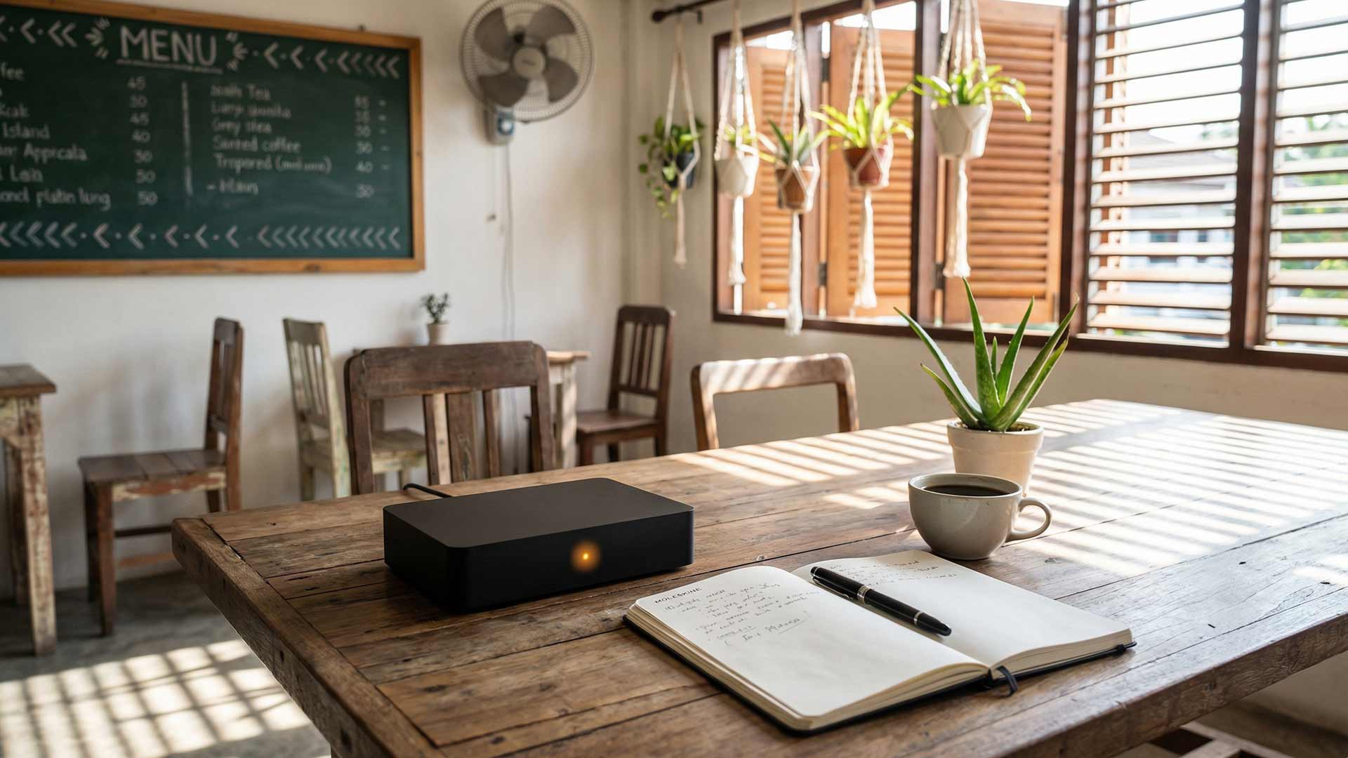 Matte-black AI hub device with amber status light on a rustic wooden table beside a notebook, coffee cup, and aloe plant in a Rawai community cafe with chalkboard menu and louvered shutters