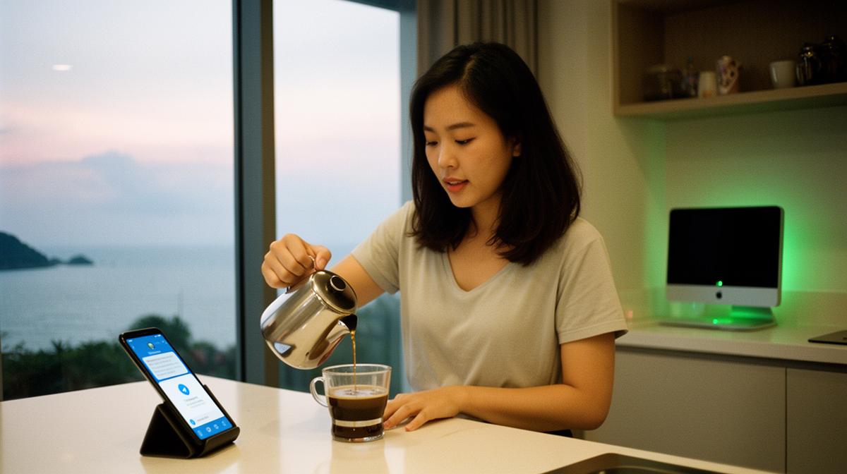 Morning calm with ambient AI - Siyu cradling coffee in modern Phuket apartment at sunrise, smart home indicator glowing softly on counter