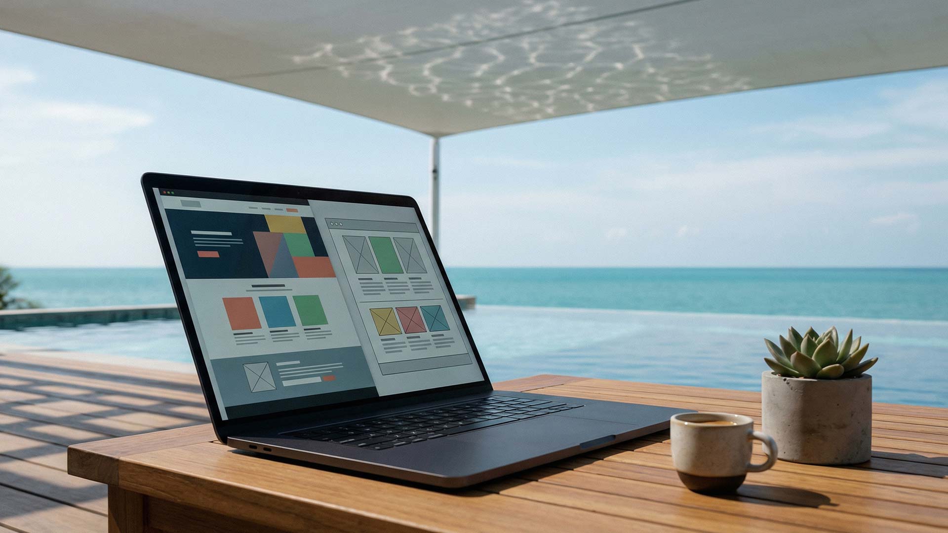 Laptop displaying colour-blocked website wireframes on a teak poolside table beside a coffee cup and succulent with an infinity pool and turquoise Andaman horizon beyond