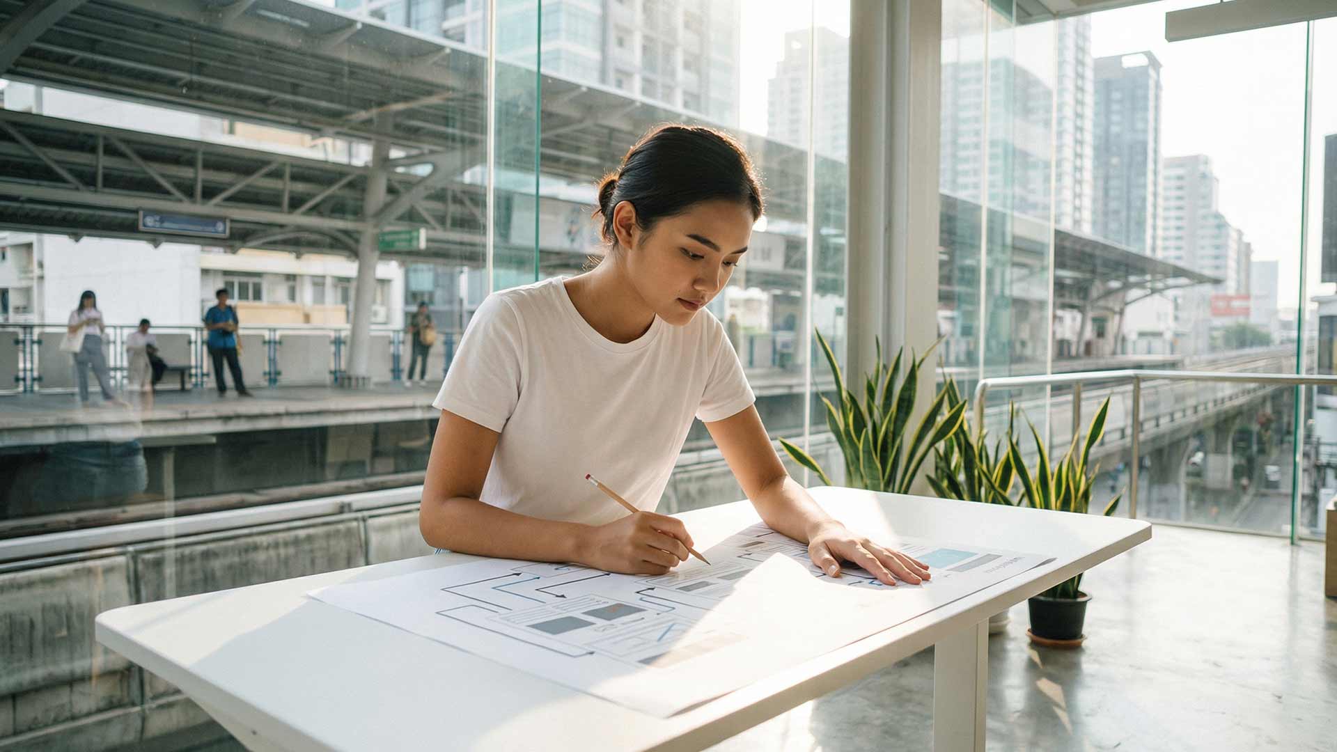 Siyu annotating a content strategy flowchart at a white desk inside a glass-walled BTS station co-working space with commuters and city skyline visible outside