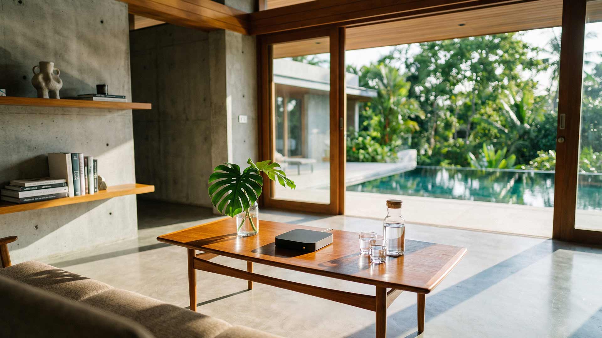 Matte-black AI hub device on a teak coffee table in a luxury Cherng Talay pool villa with concrete walls and monstera plant