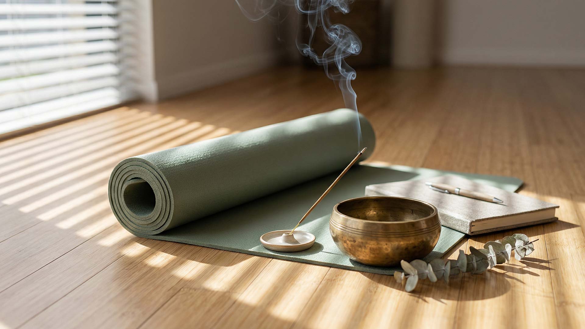 Wellness content authority scene with sage yoga mat, brass singing bowl, incense, eucalyptus sprig, and notebook on bamboo floor in morning light