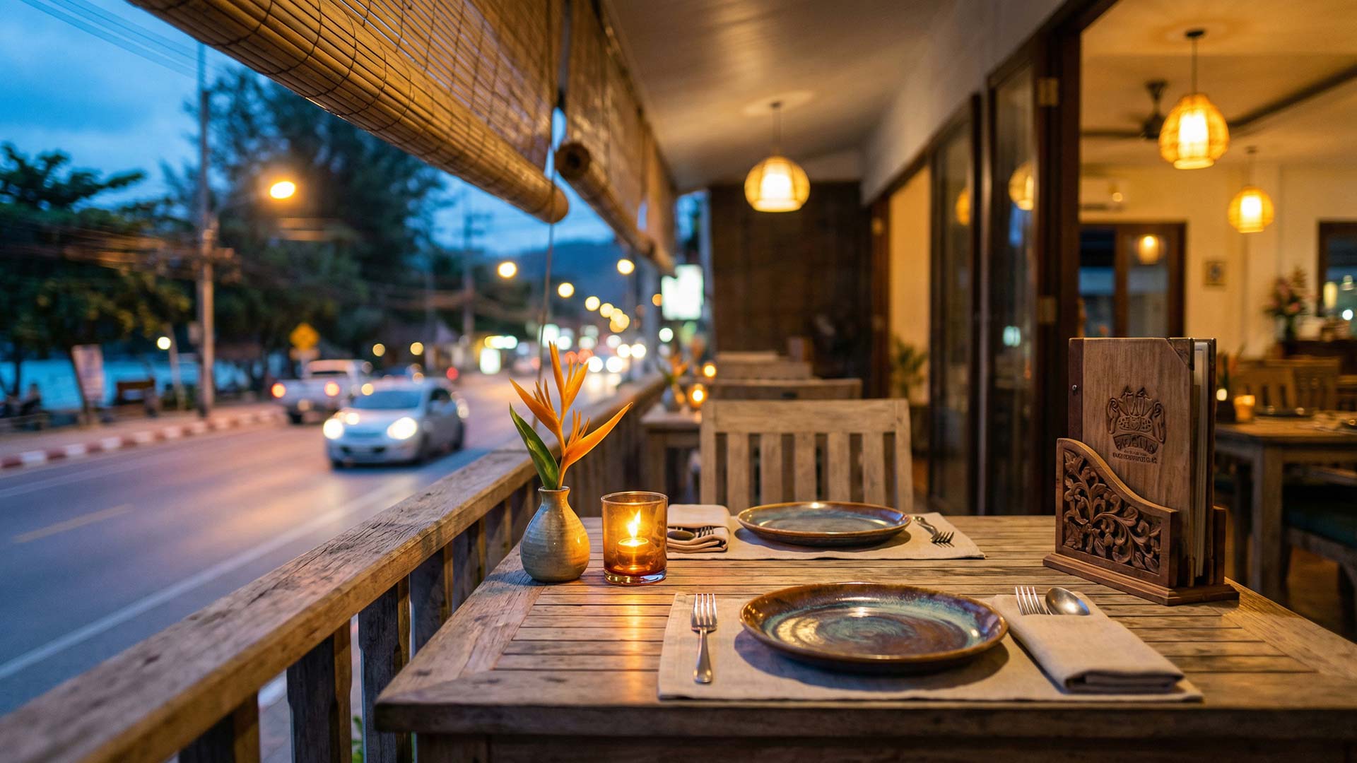 Candlelit beachfront restaurant table at dusk on the road with handcrafted ceramic plates, a bird-of-paradise vase, carved wooden menu stand, and bamboo blinds framing passing headlights