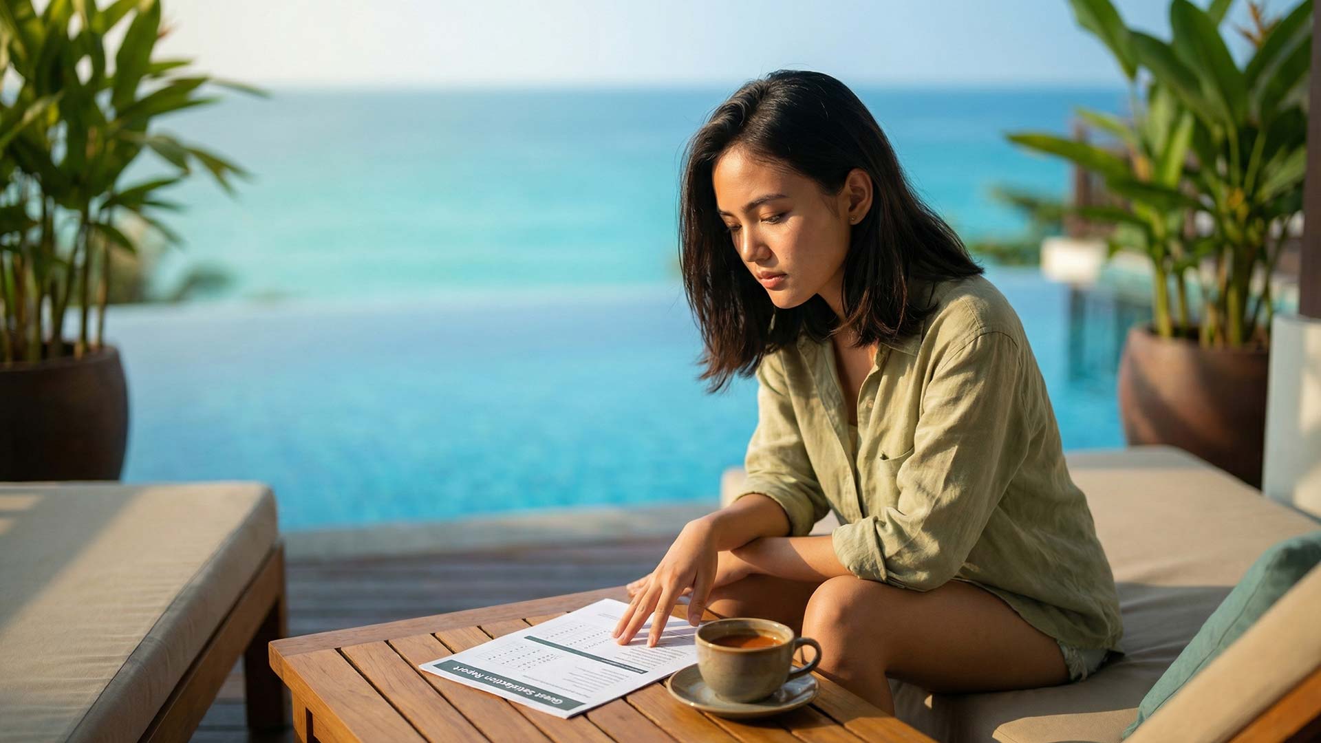 Siyu reviewing a guest satisfaction report poolside at a resort with turquoise infinity pool and Andaman Sea horizon behind her