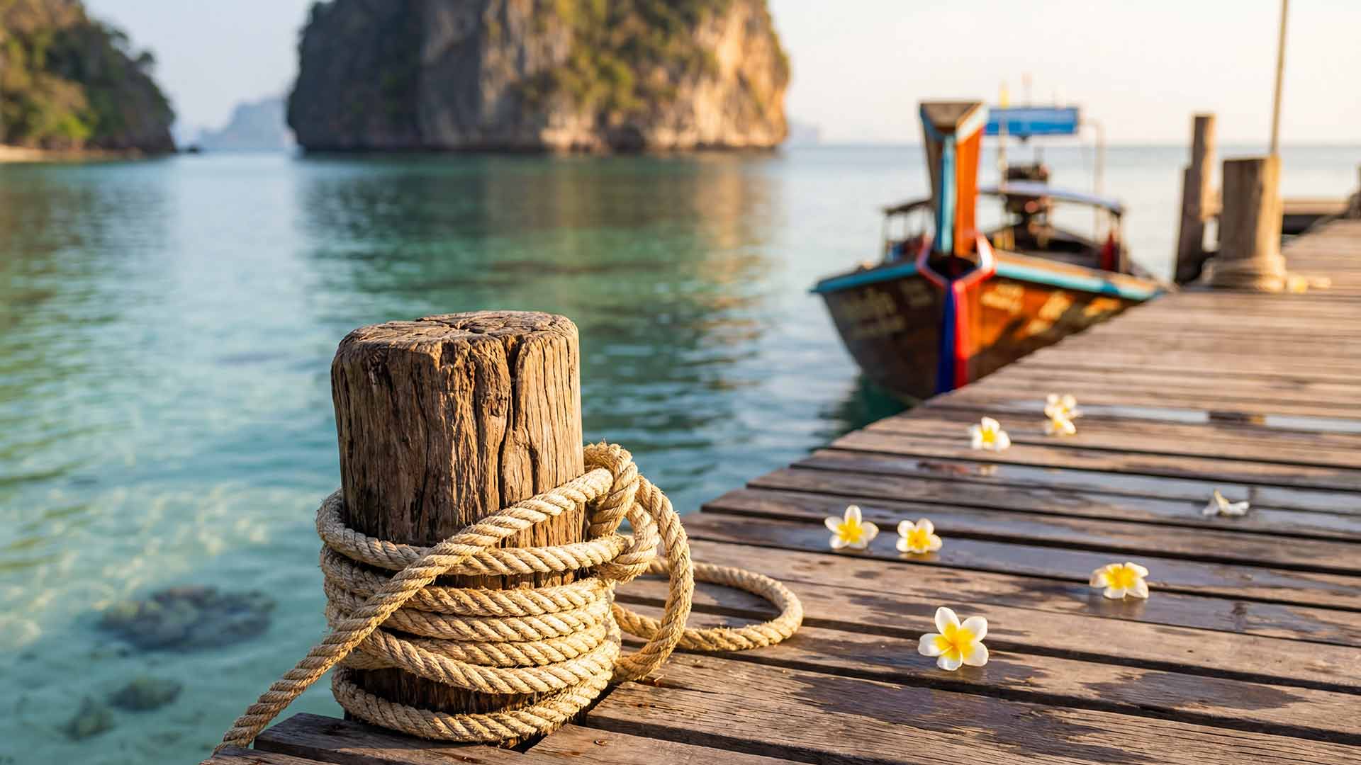Weathered rope coiled around a wooden bollard on a pier with frangipani flowers scattered on teak planks and a colourful longtail boat moored beside limestone cliffs