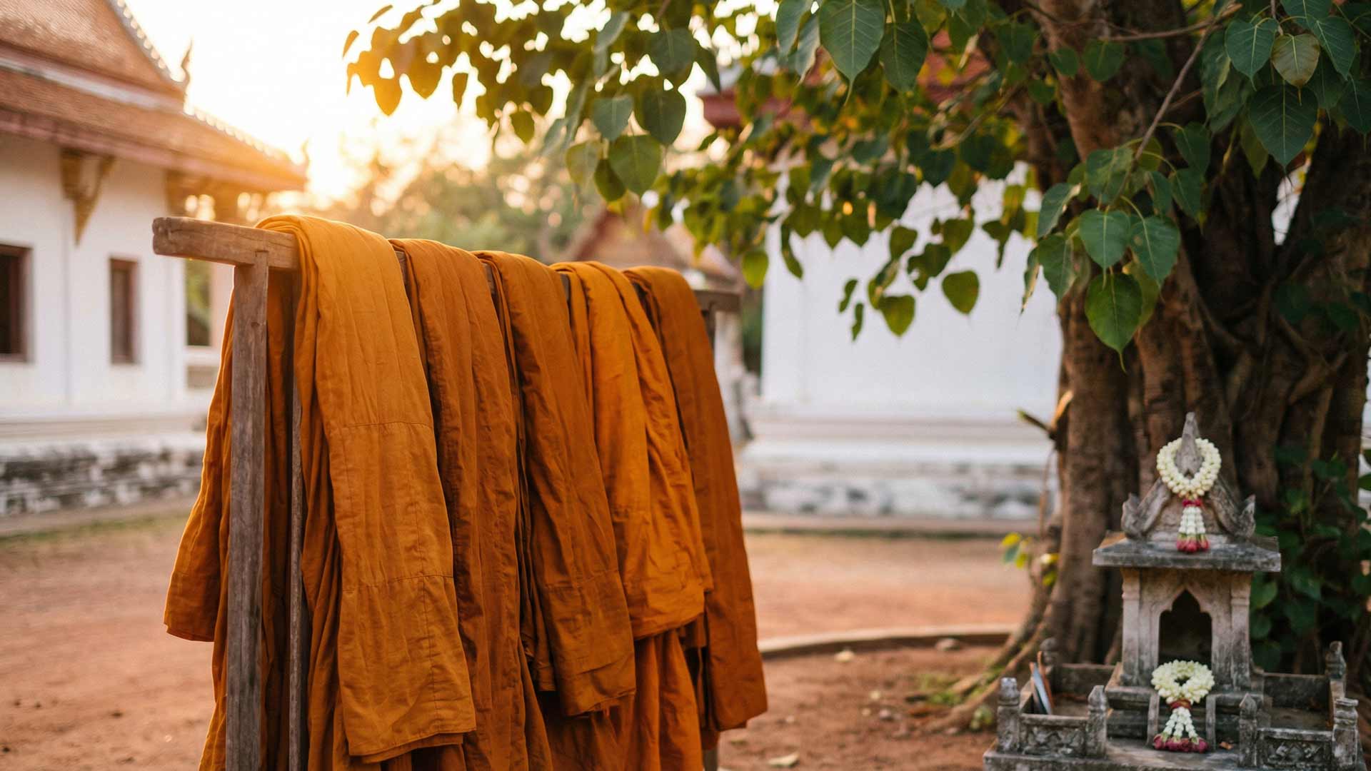 Saffron monk robes drying on a wooden rack at Nai Harn monastery with white temple walls, bodhi tree, jasmine garlands, and a spirit house in golden morning light