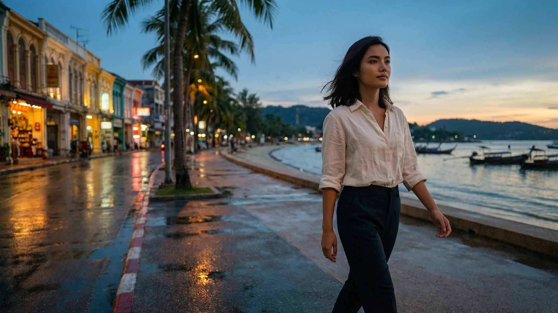 Siyu walking along a rain-washed Patong beachfront promenade at blue hour with Sino-Portuguese facades, palm trees, and moored longtail boats in the background