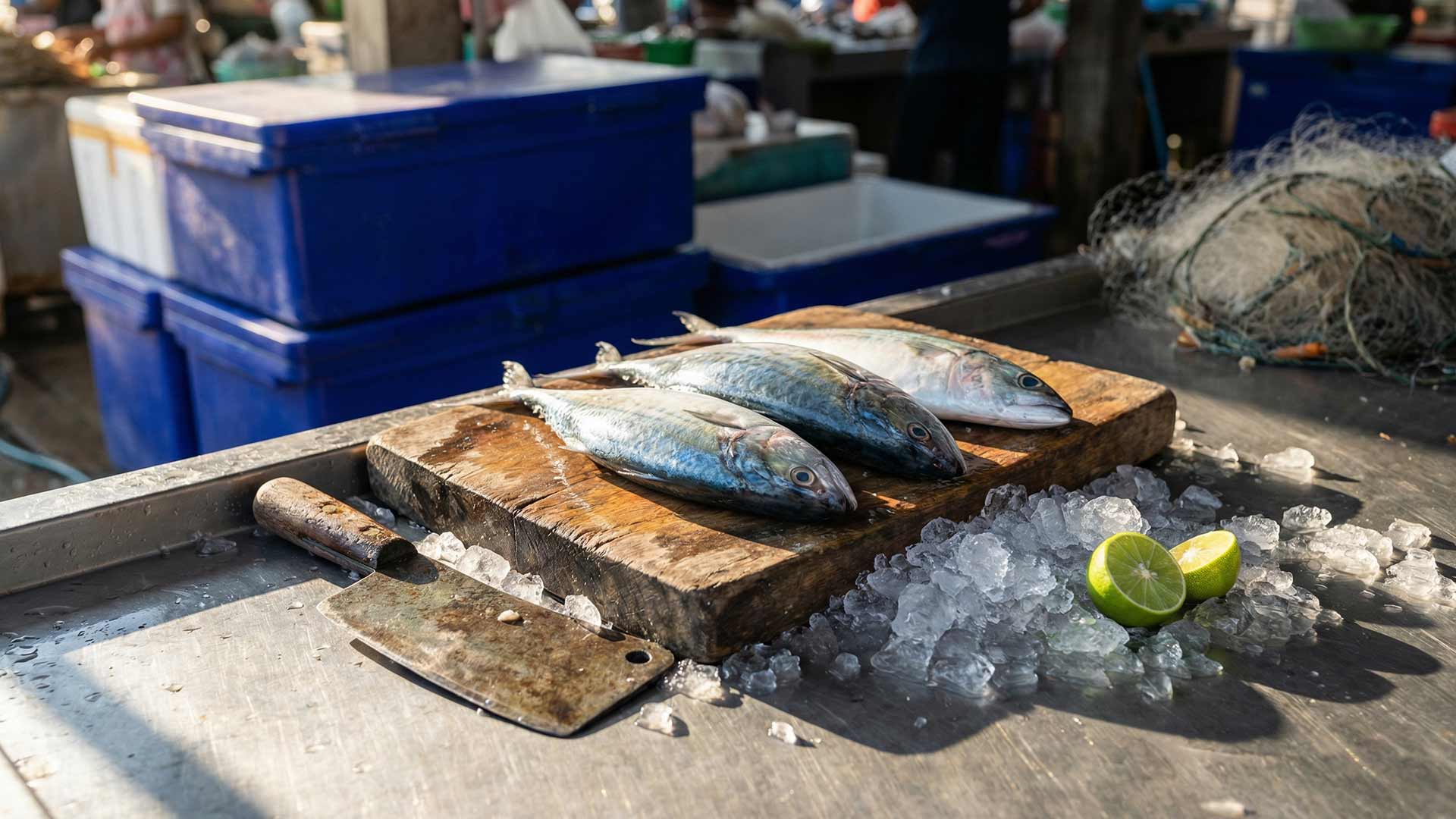 Fresh mackerel on a weathered wooden chopping board with a cleaver, crushed ice, and halved lime at Rawai seafood market with blue cooler boxes and fishing nets in the background