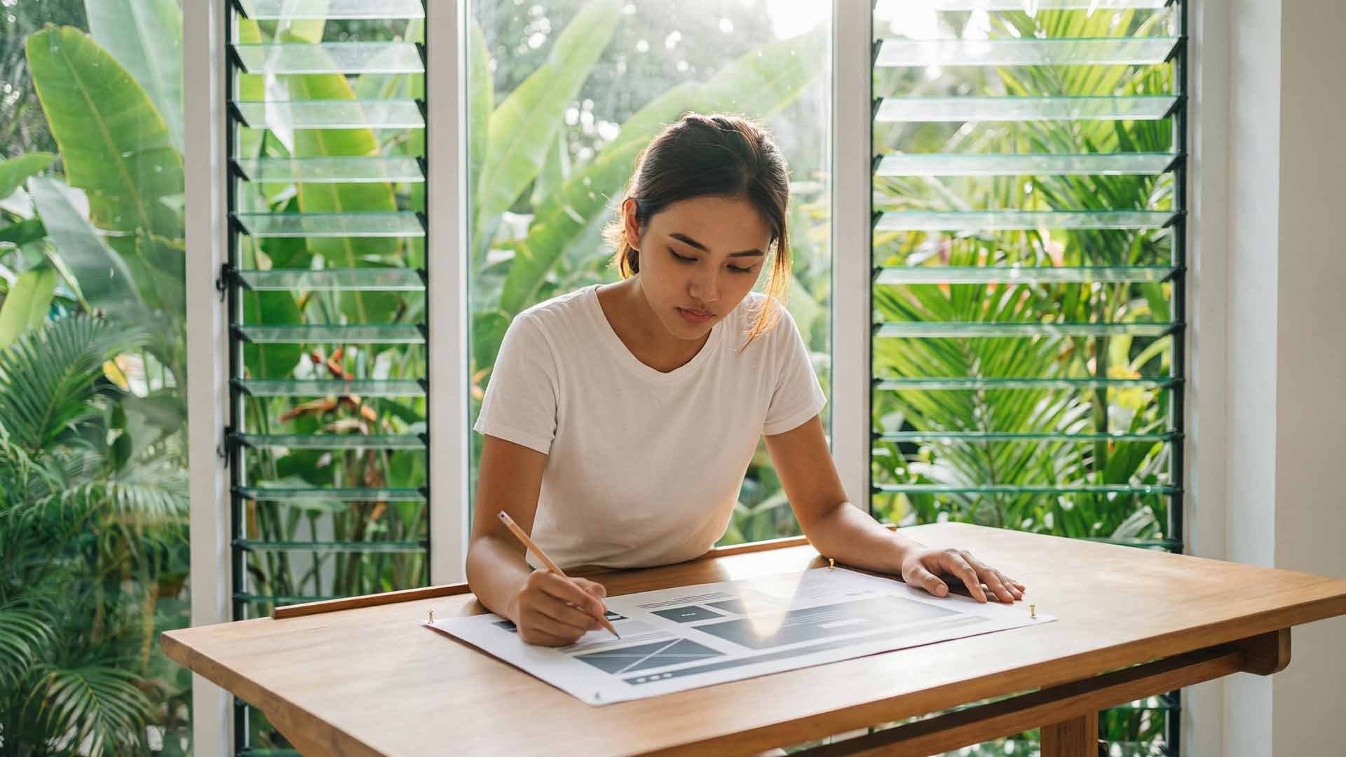 Siyu sketching website wireframes at a wooden drafting table in a tropical hillside studio with louvred shutters and banana palms outside