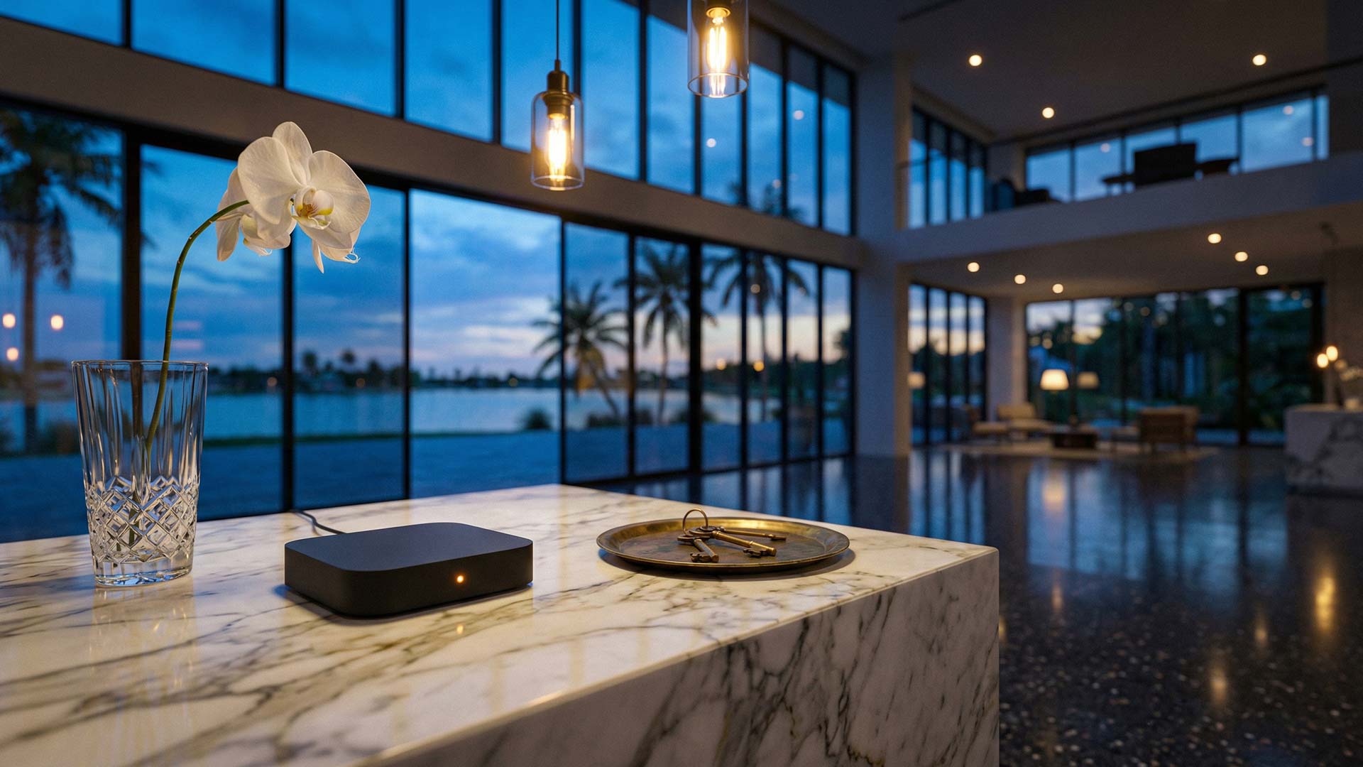 Amber-lit mini-server beside a crystal orchid vase and brass key tray on a white marble reception island in a double-height Laguna villa lobby with lagoon views through floor-to-ceiling glass at blue hour