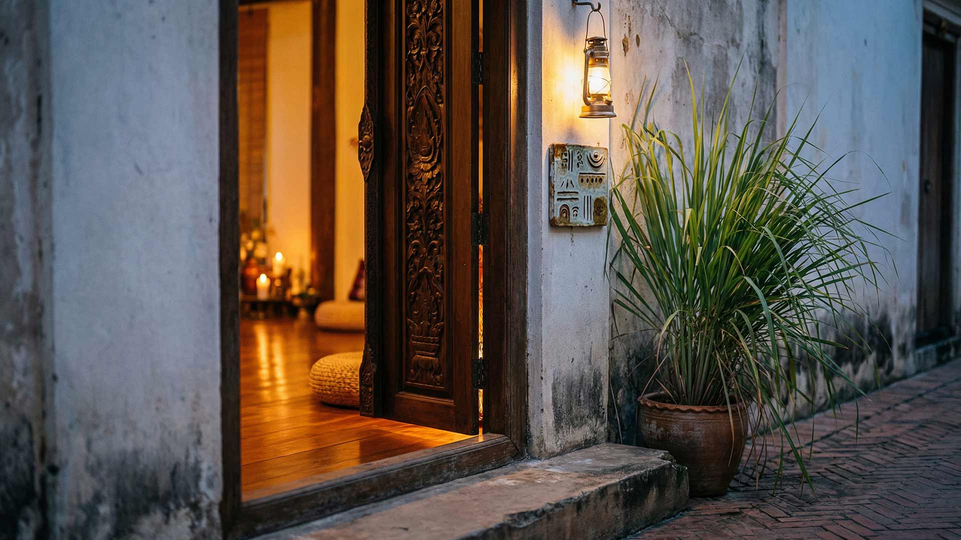 Carved teak doorway of a retreat at dusk with oil lantern, lemongrass planter, and warm candlelit interior visible inside