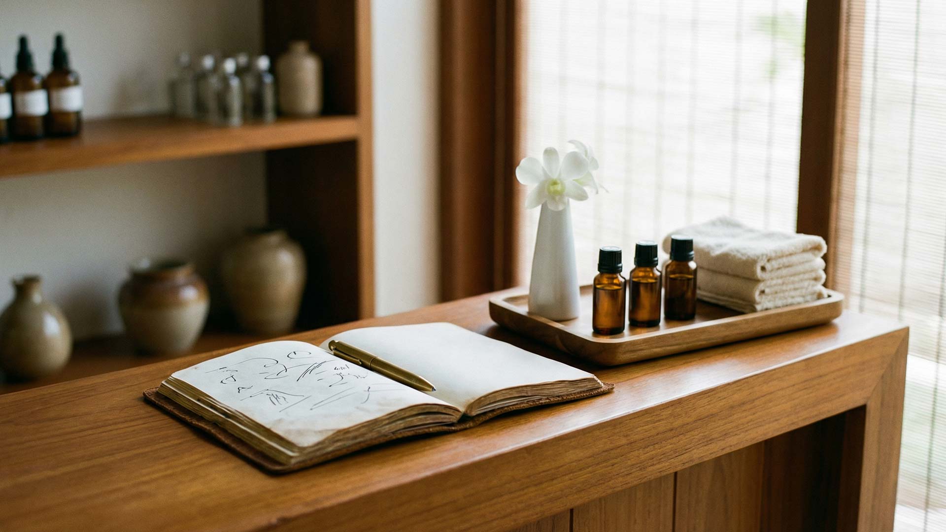 Wellness spa booking scene with open guest journal, essential oil bottles, white orchid, and folded towels on a warm teak counter
